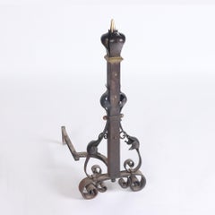 A Substantial Pair of Wrought Iron and Bronze Andirons c. 19th century France.