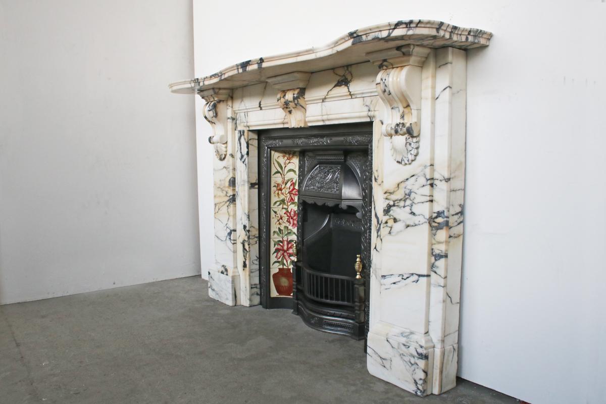 English Substantial Antique Victorian Fire Surround in Arabescato Marble