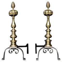 Antique Substantial Pair of Brass & Steel Firedogs in the Georgian Manner
