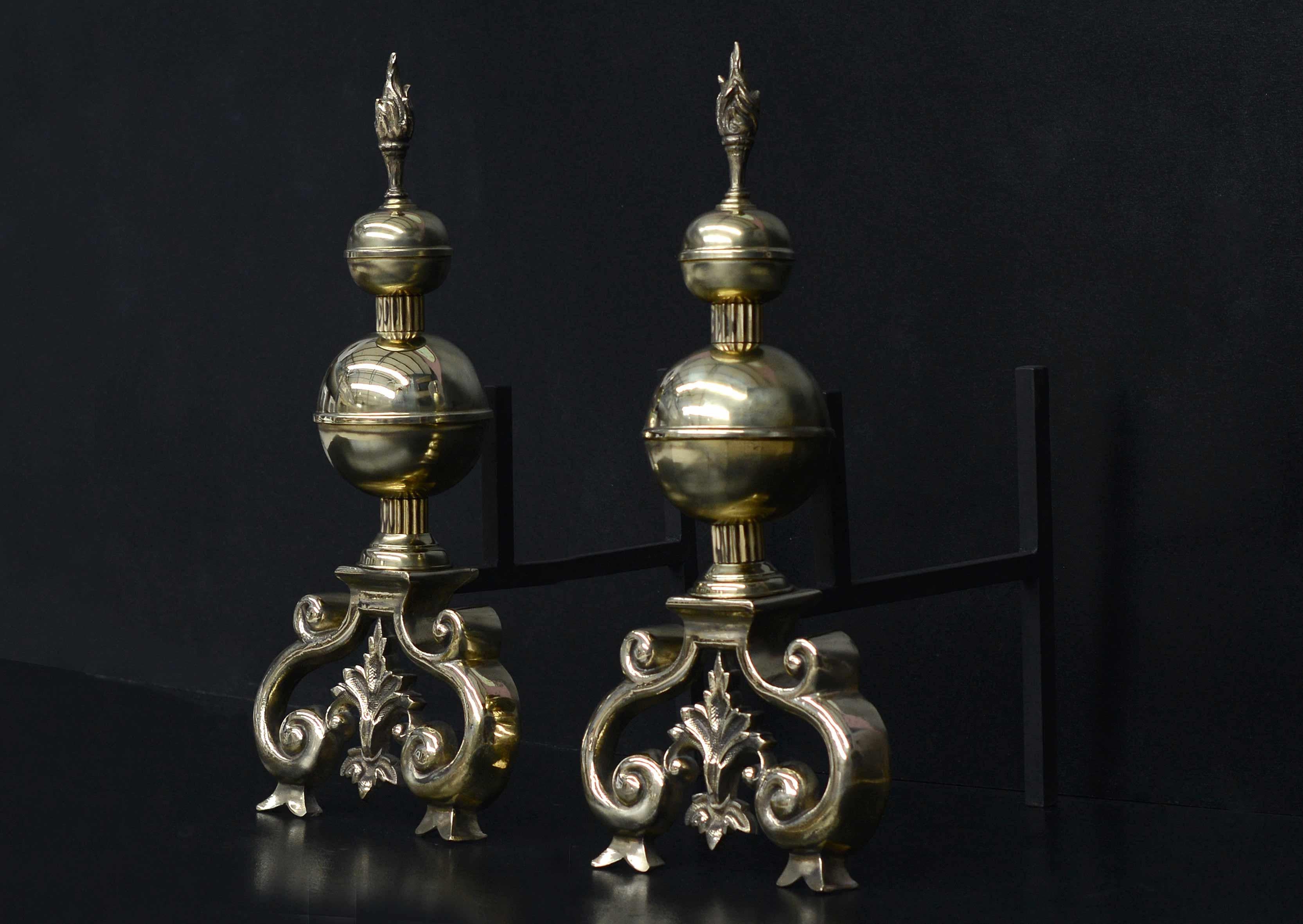 19th Century Substantial Pair of English Brass Firedogs For Sale
