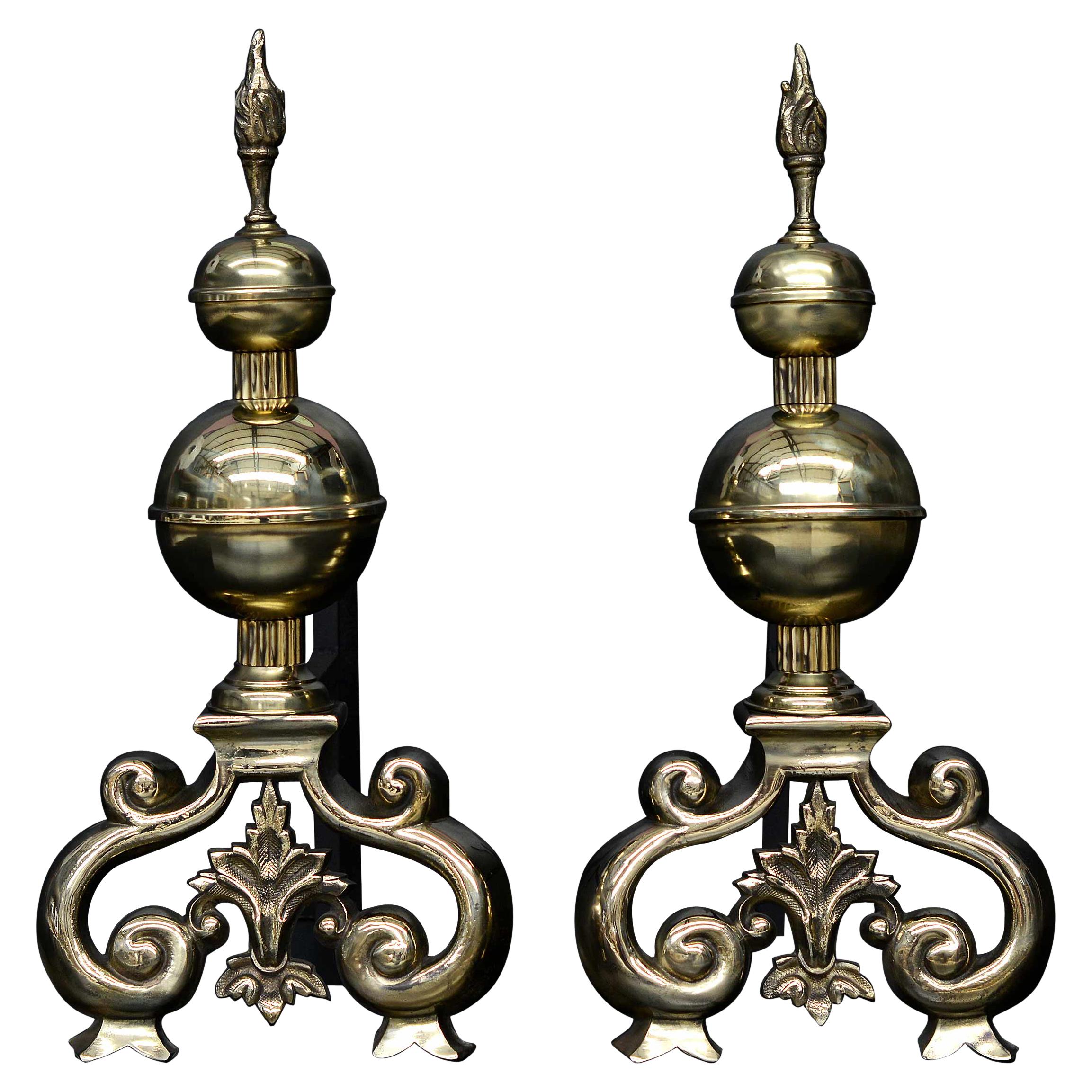 Substantial Pair of English Brass Firedogs