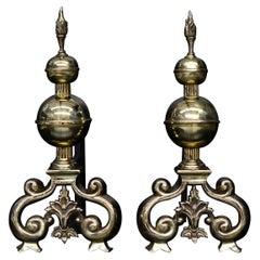 Substantial Pair of English Brass Firedogs