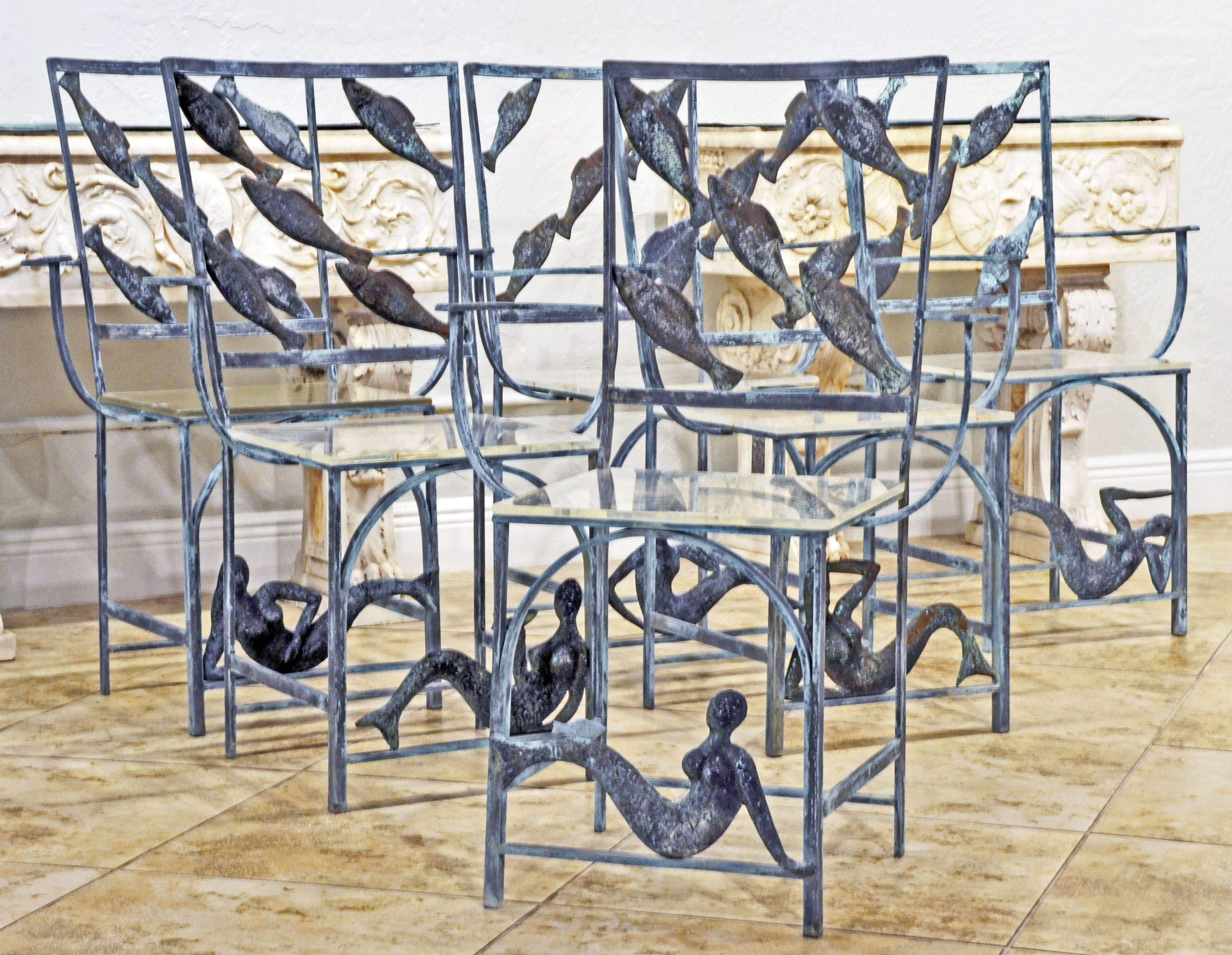 Mid-Century Modern Suite of Six Unique Fish and Mermaid Custom-Made Weathered Bronze Armchairs