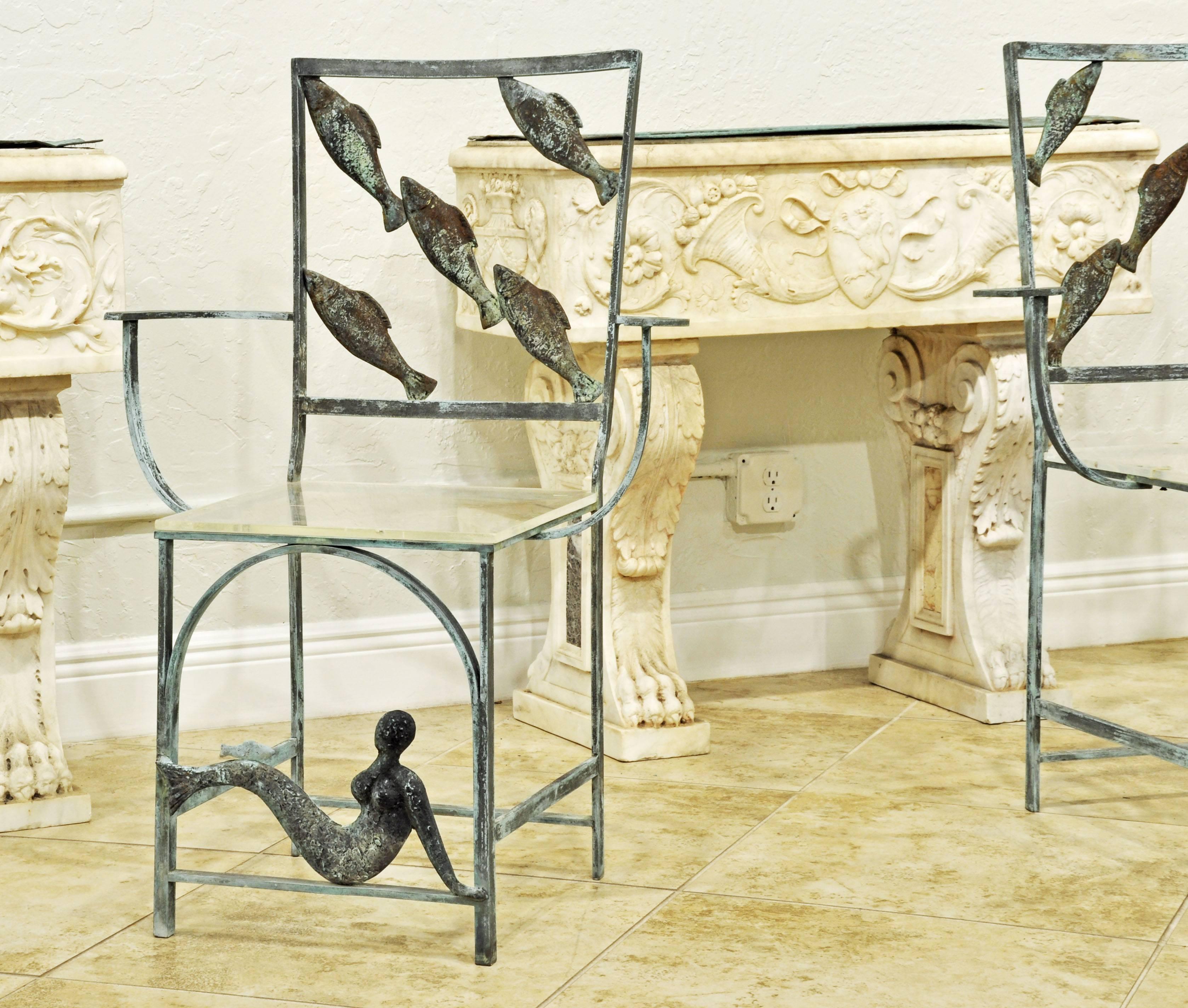 American Suite of Six Unique Fish and Mermaid Custom-Made Weathered Bronze Armchairs