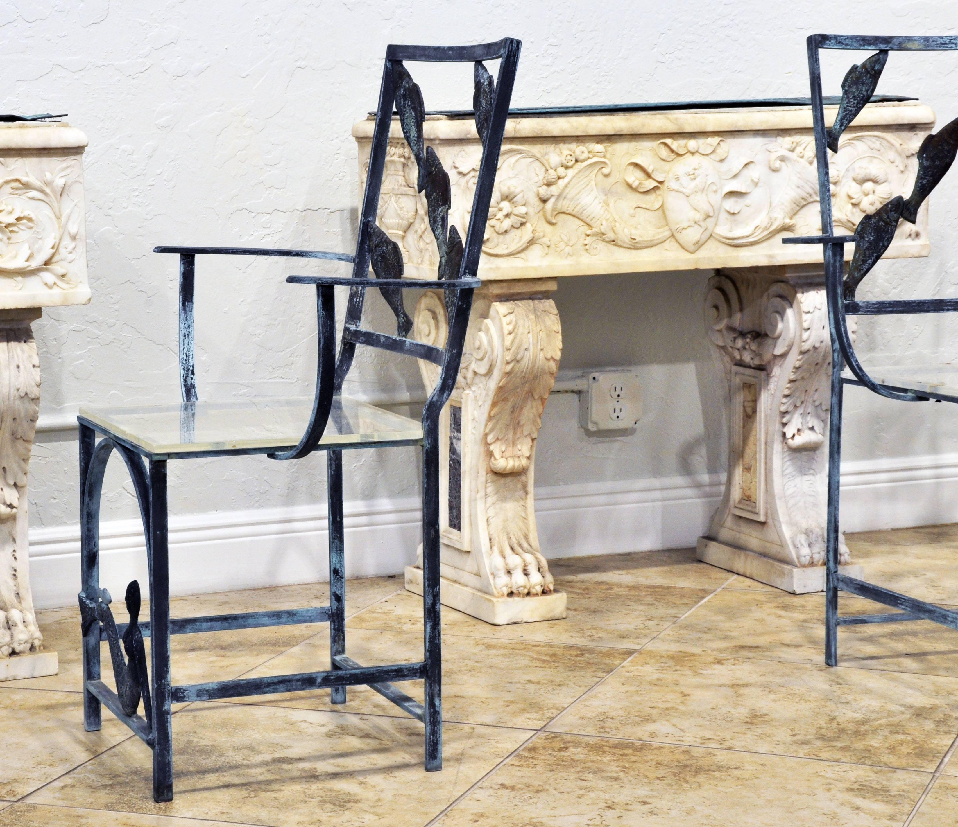 20th Century Suite of Six Unique Fish and Mermaid Custom-Made Weathered Bronze Armchairs