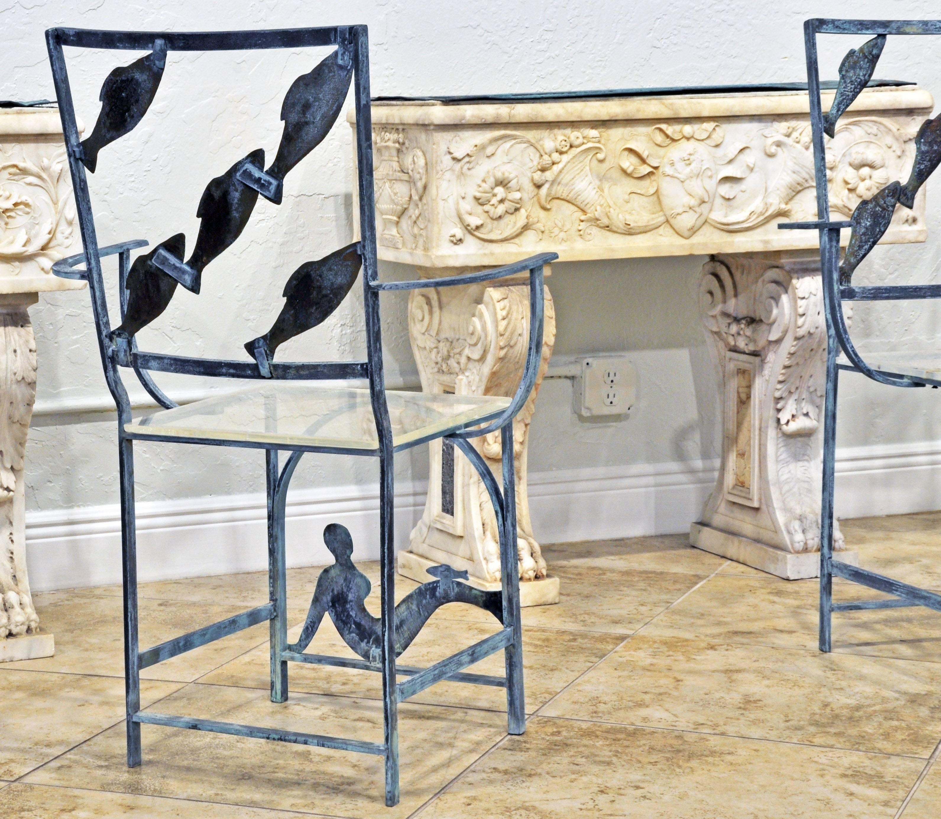 Suite of Six Unique Fish and Mermaid Custom-Made Weathered Bronze Armchairs 1