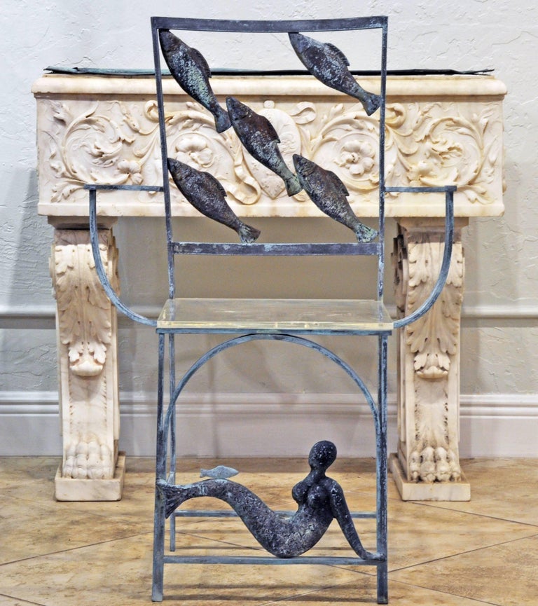 Suite of Six Unique Fish and Mermaid Custom-Made Weathered Bronze Armchairs 2