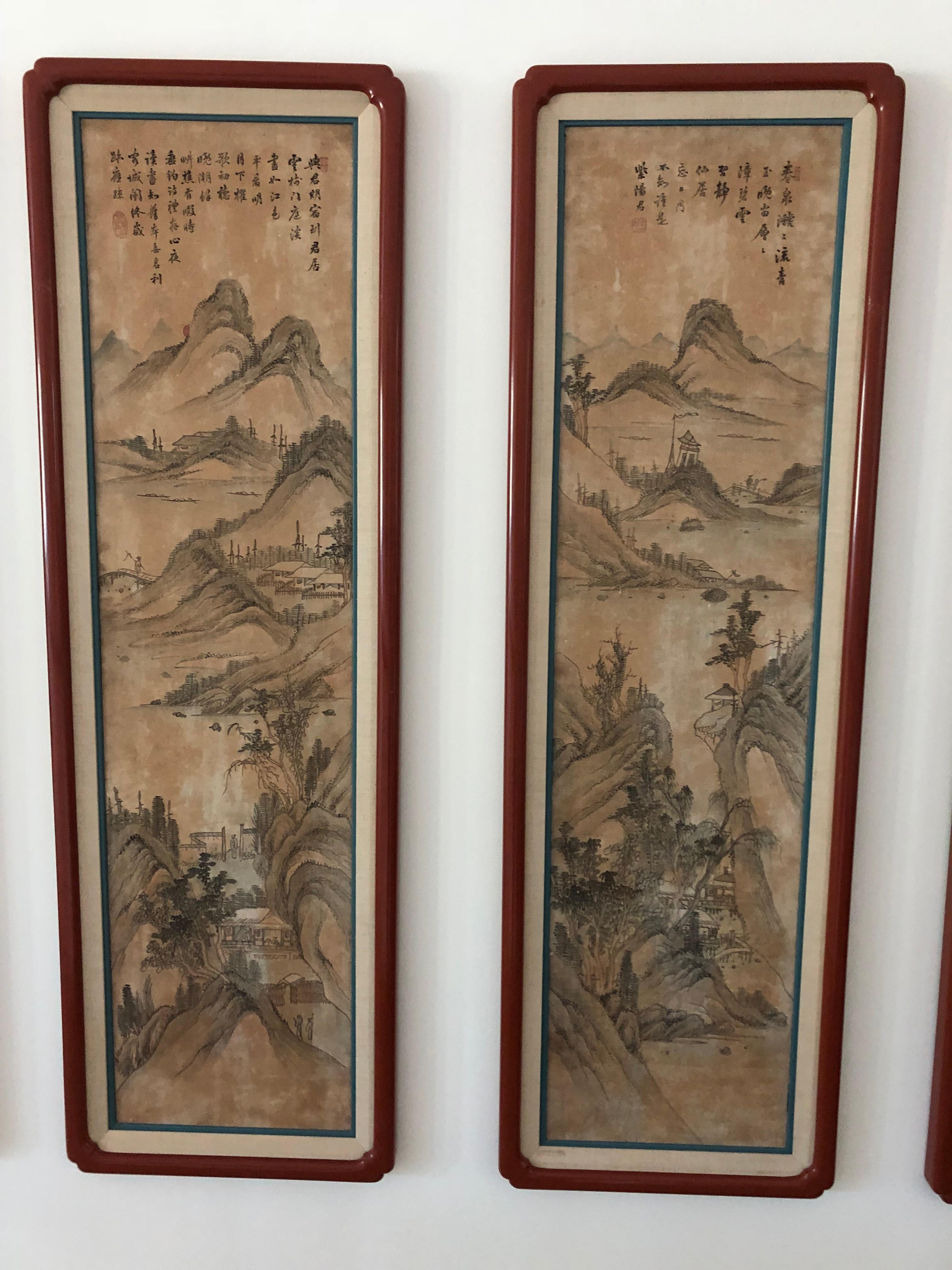Eight hand painted silk panels of landscapes, mounted in red lacquered and matted. Purchased in London finished antique shop, mid-20th century
poems painted calligraphy.