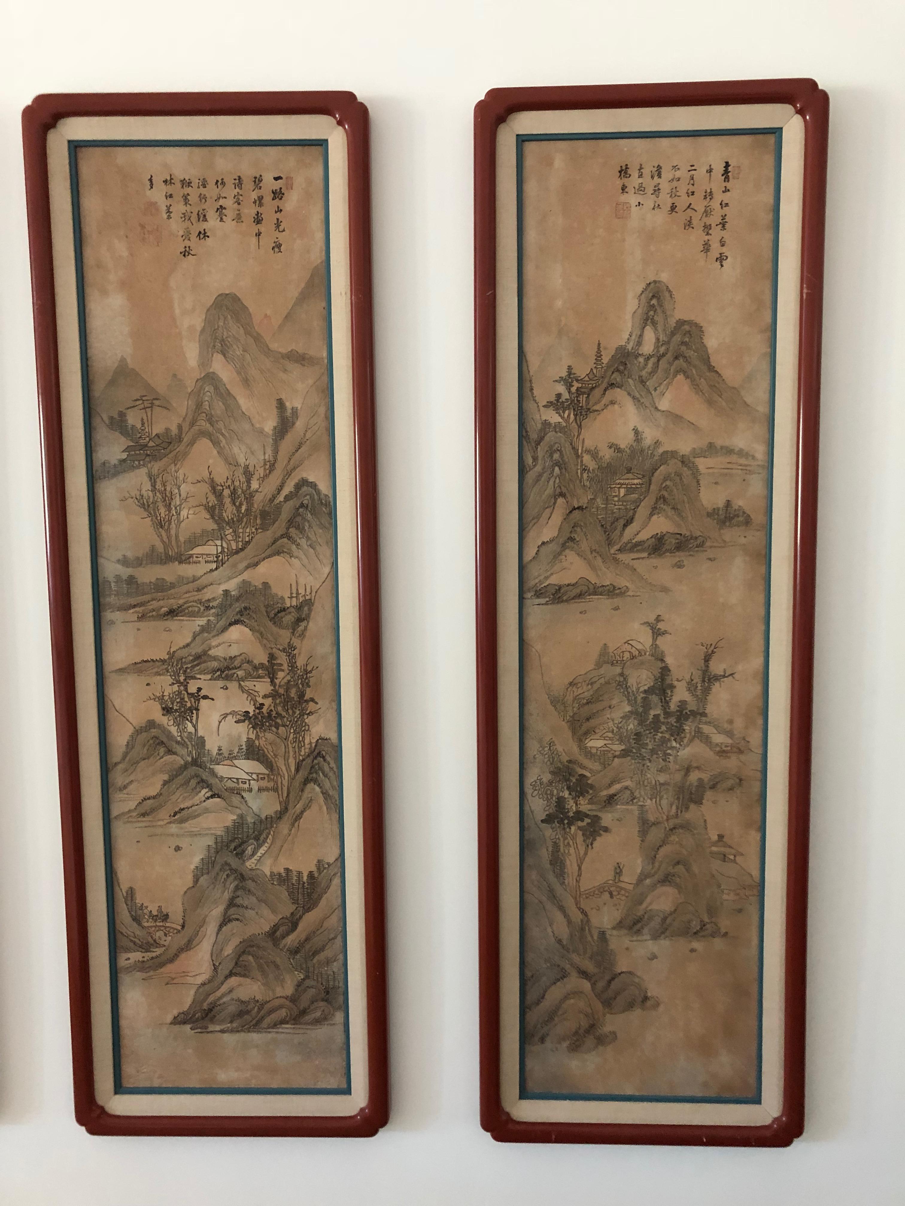 Chinese Export Suite of Eight Chinese Hand Painted Silk Panels For Sale