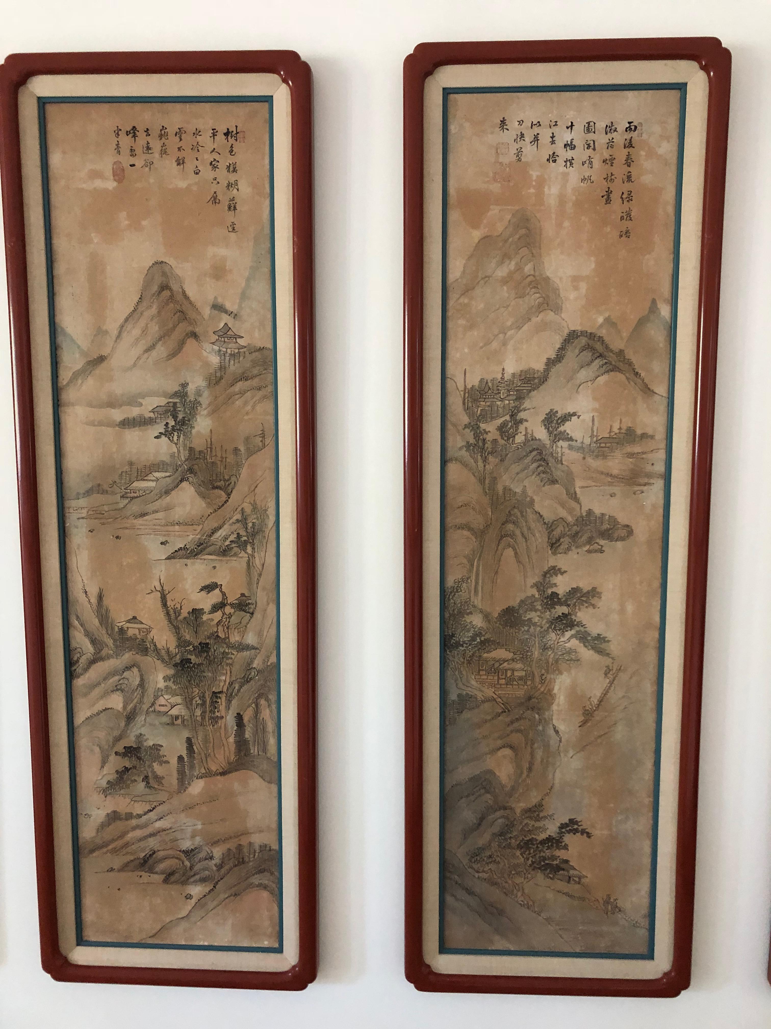 Hand-Painted Suite of Eight Chinese Hand Painted Silk Panels For Sale