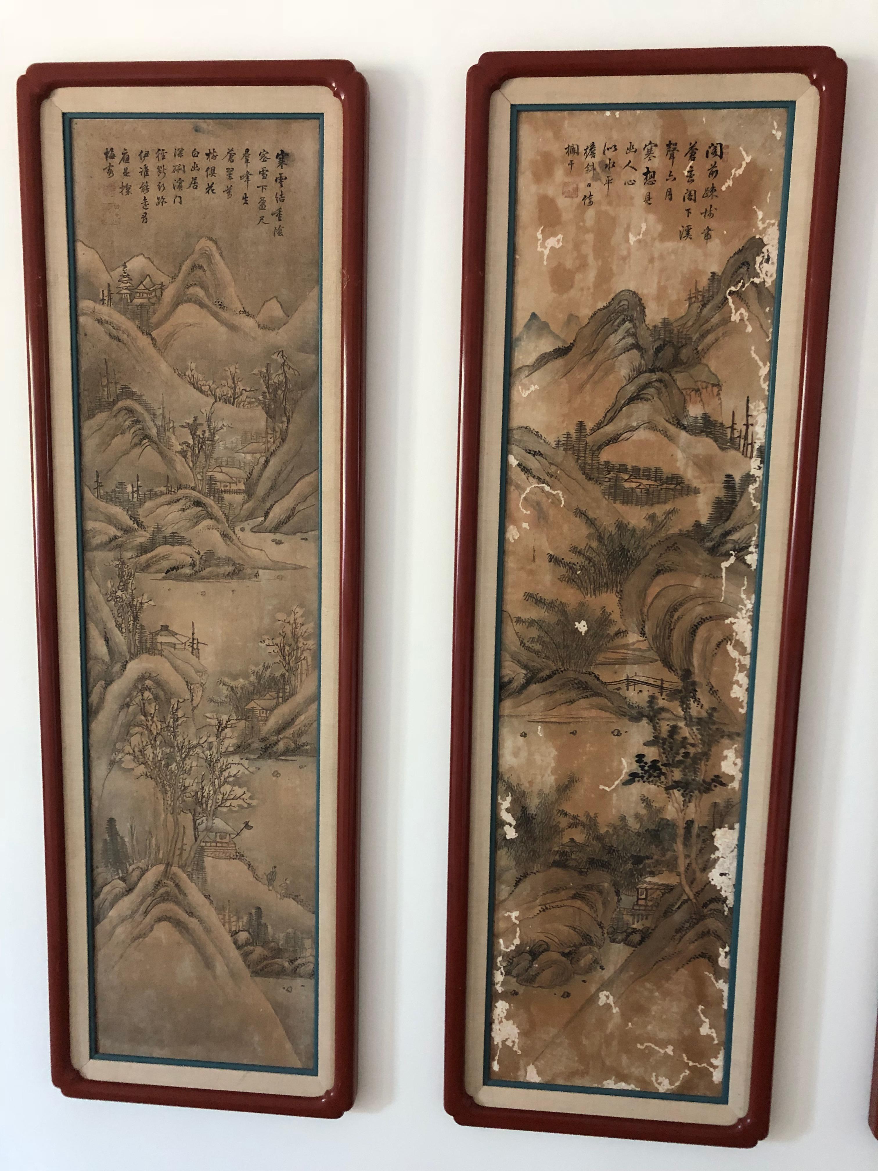 Suite of Eight Chinese Hand Painted Silk Panels In Fair Condition For Sale In Sarasota, FL