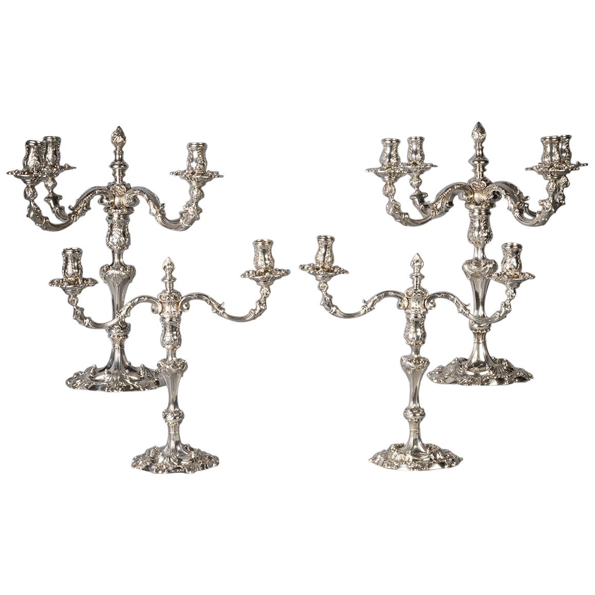 Suite of Four English Silver Candelabra For Sale