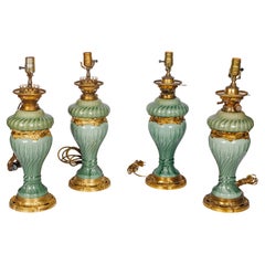 Ensemble de quatre lampes Theodore Deck en porcelaine verte céladon montées en bronze doré