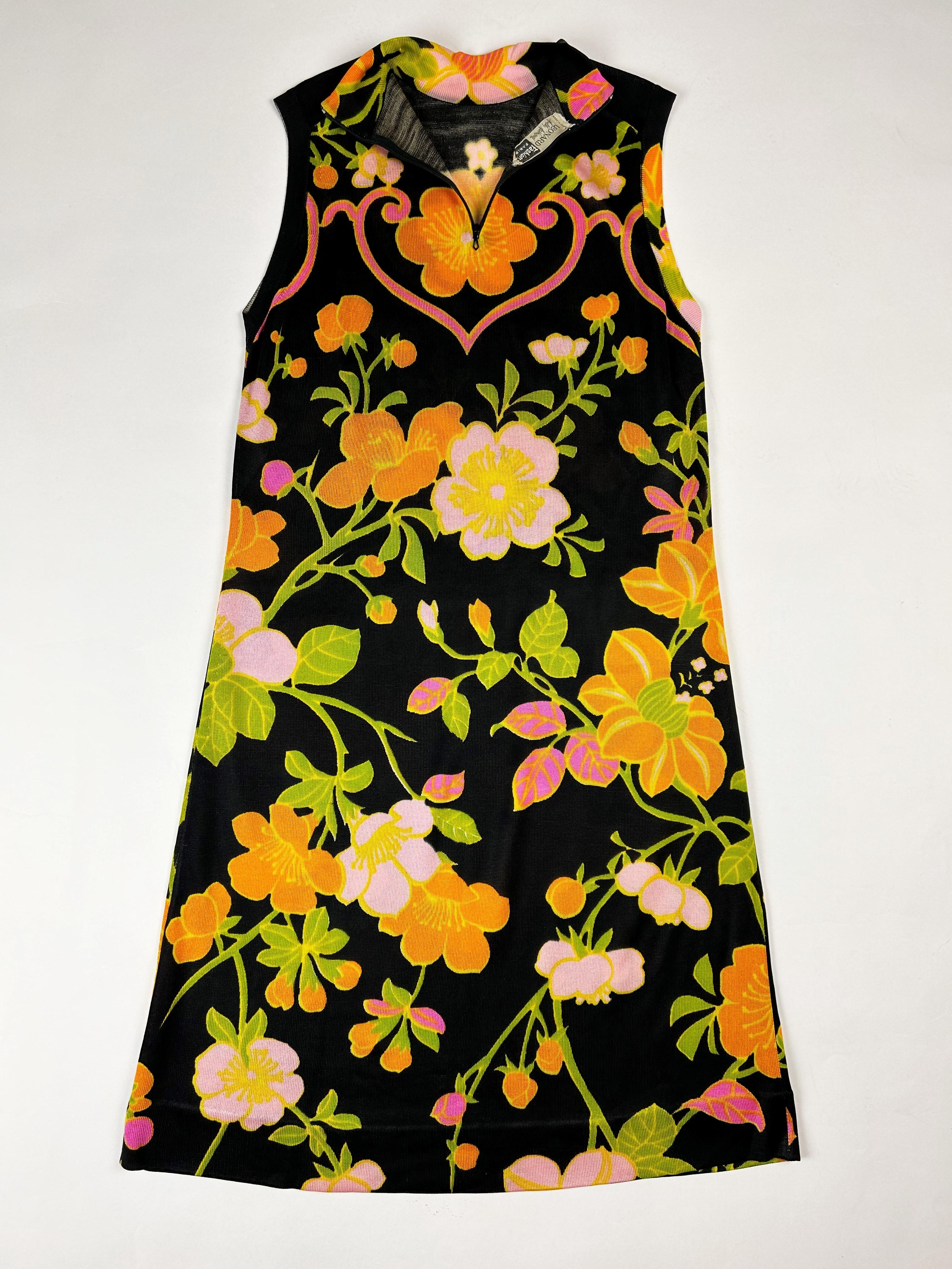 Black A Summer Dress By Léonard in silk knit printed with psychedelic flowers C. 1968 For Sale