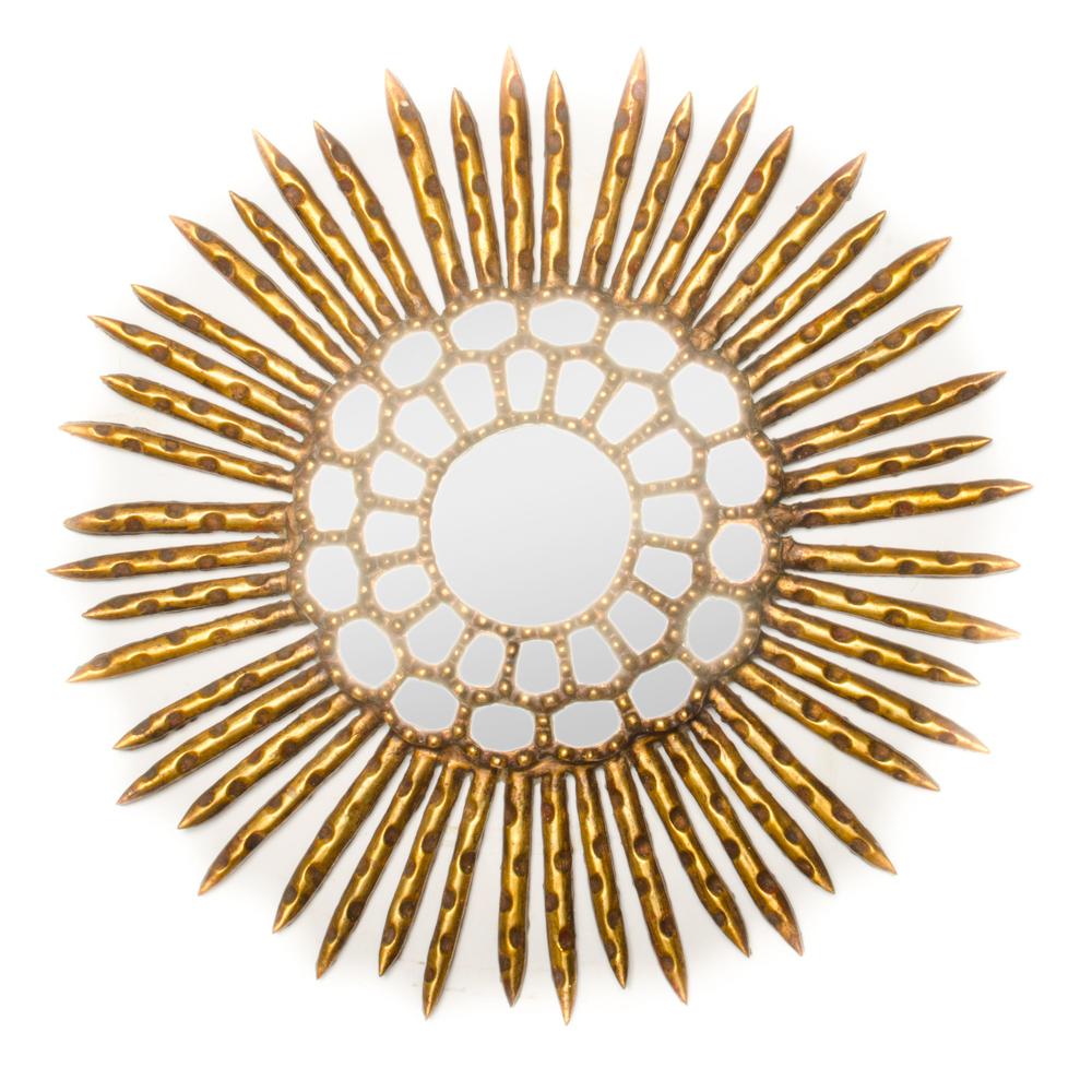 A large sunburst beaded and giltwood mirror in the manner of Line Vautrin, C 1970.