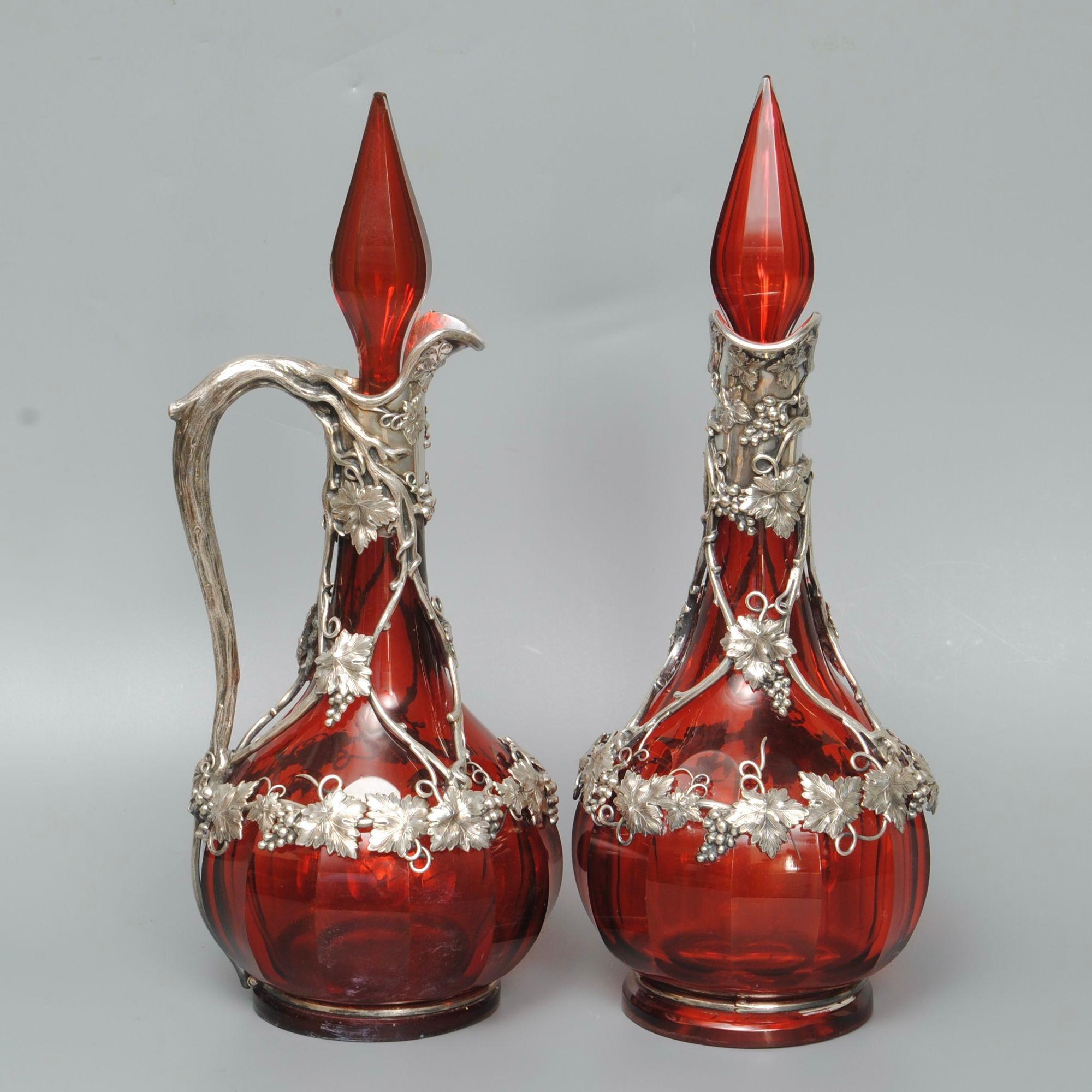 19th Century A Super Pair of Ruby Glass Claret Jugs in Original Fitted Case 