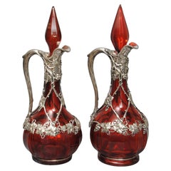 A Super Pair of Ruby Glass Claret Jugs in Original Fitted Case 