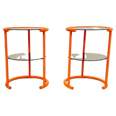 Super Rare Pair of Vintage Orange Tubular Metal 
Smoked Glass Side Tables