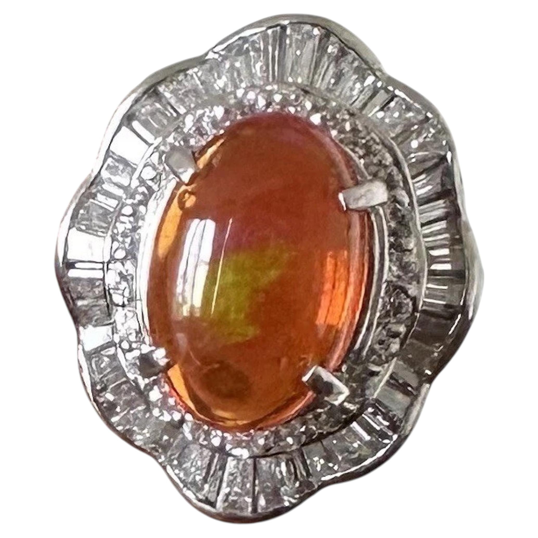 A Superb 3.17ct Mexican Fire Opal & Diamond Platinum Ring