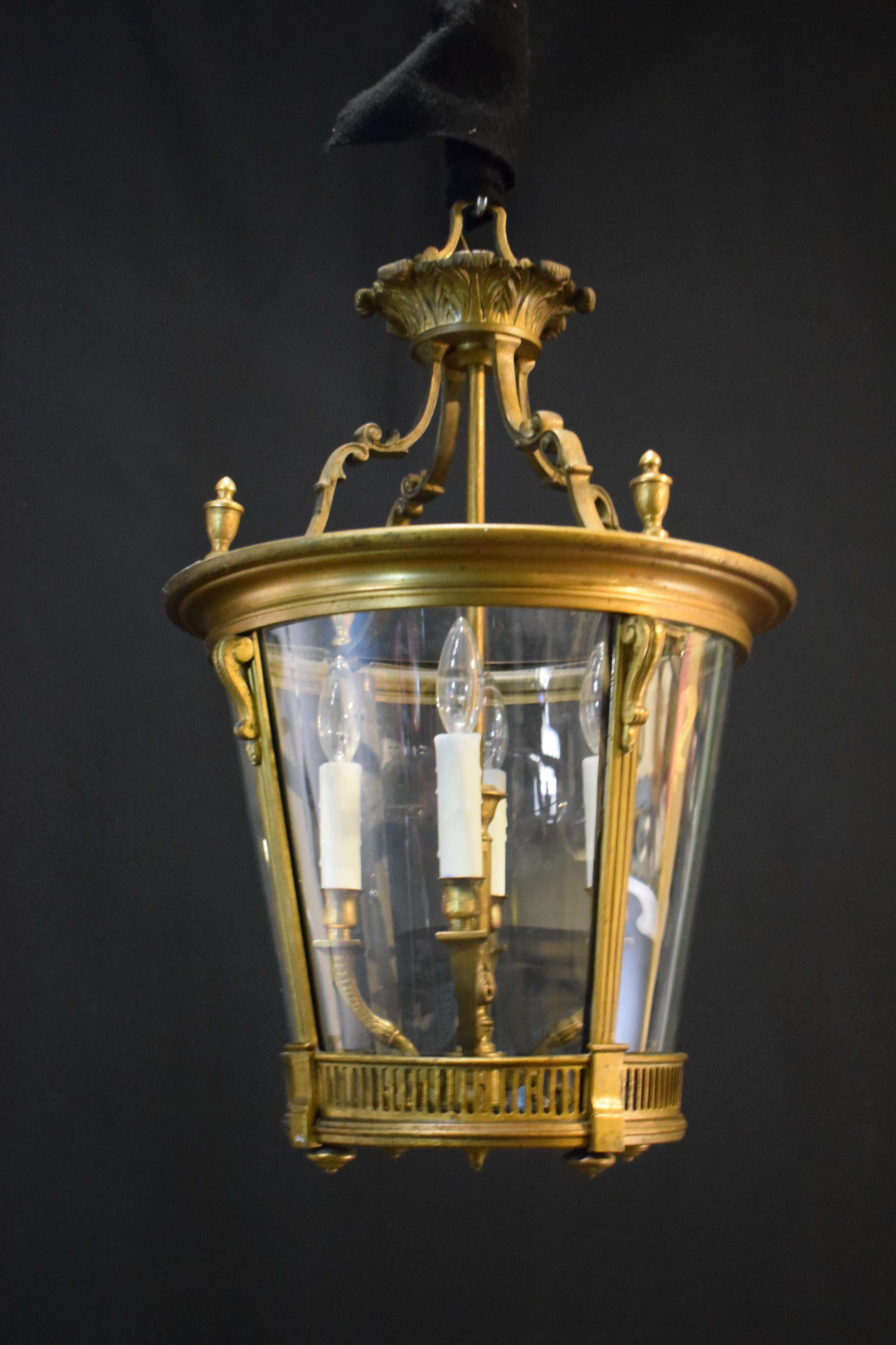 Louis XVI Superb and Elegant Gilt Bronze Lantern with Curved Glass Panels