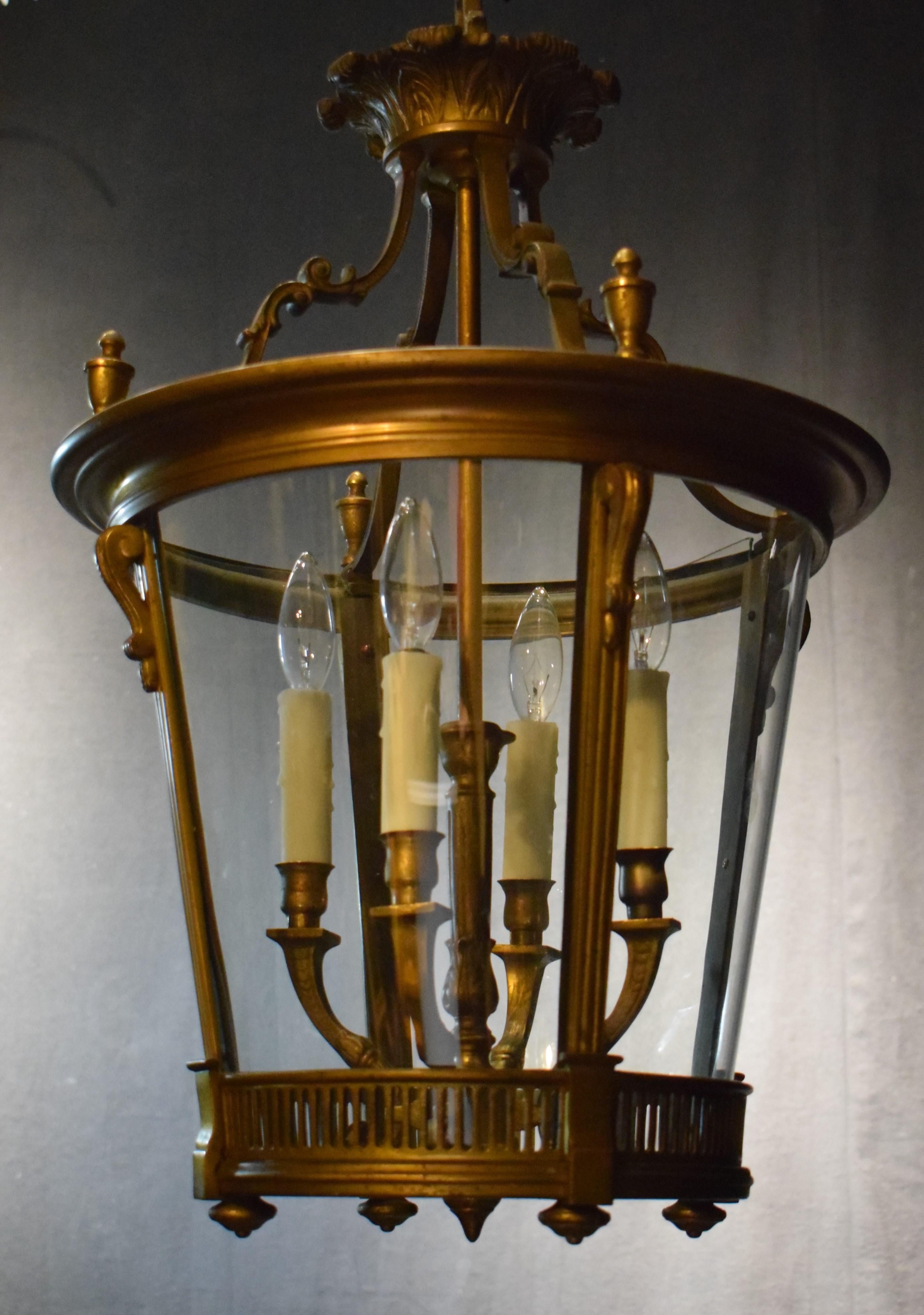 French Superb and Elegant Gilt Bronze Lantern with Curved Glass Panels