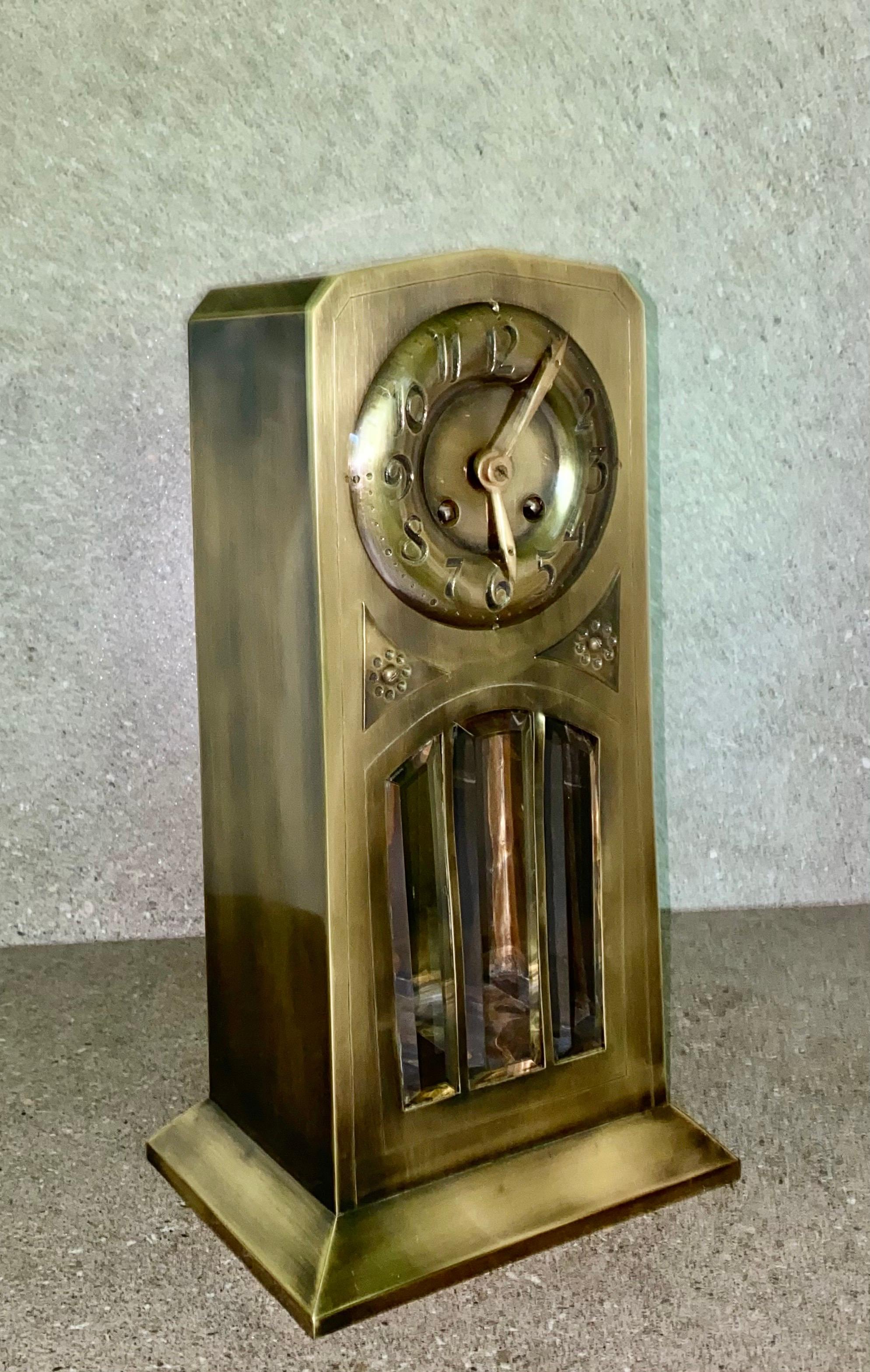 Austrian Superb Art Nouveau 3 Piece Clock Set with a Brass Case and Bevelled Glass