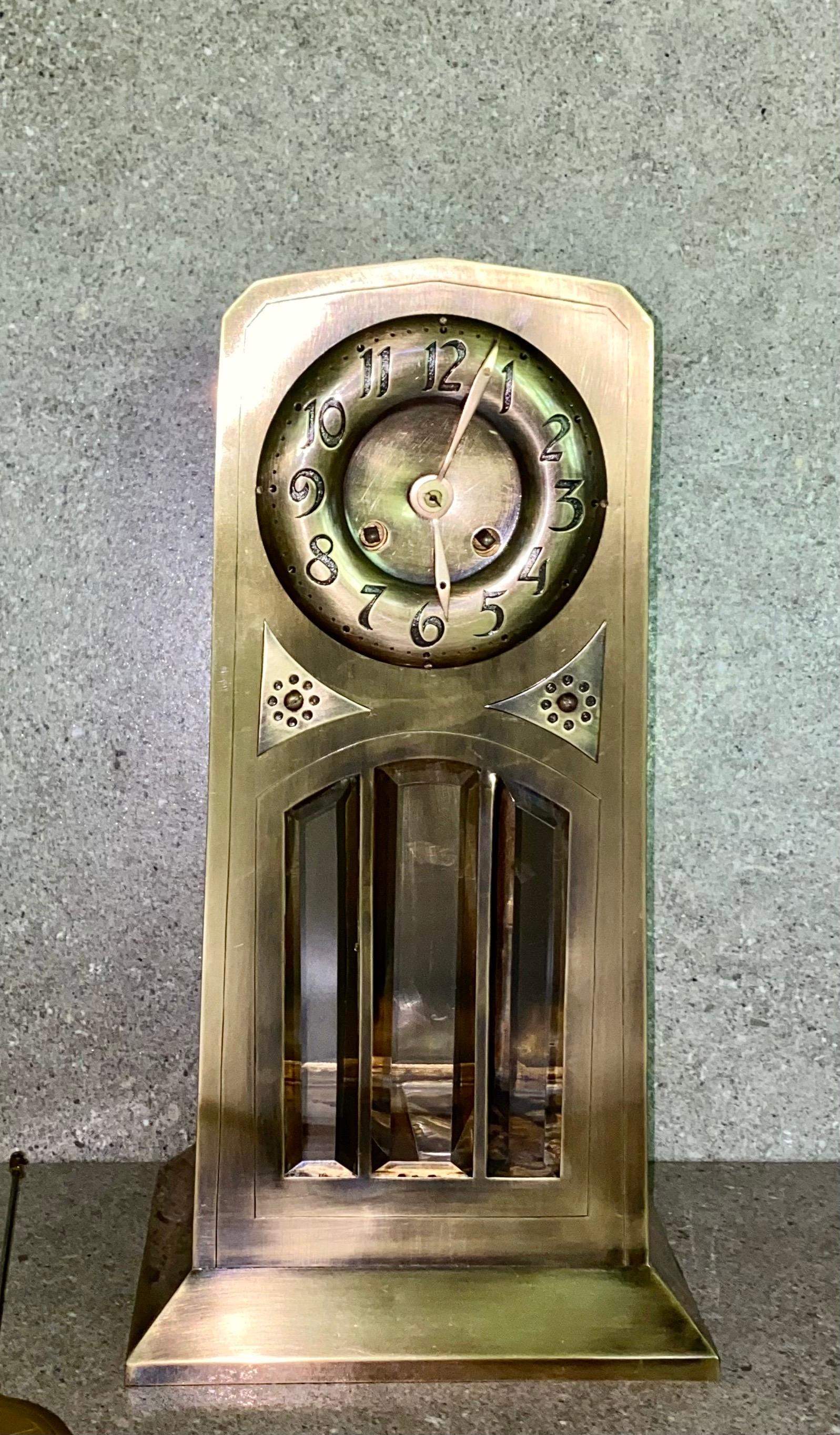 Superb Art Nouveau 3 Piece Clock Set with a Brass Case and Bevelled Glass 1