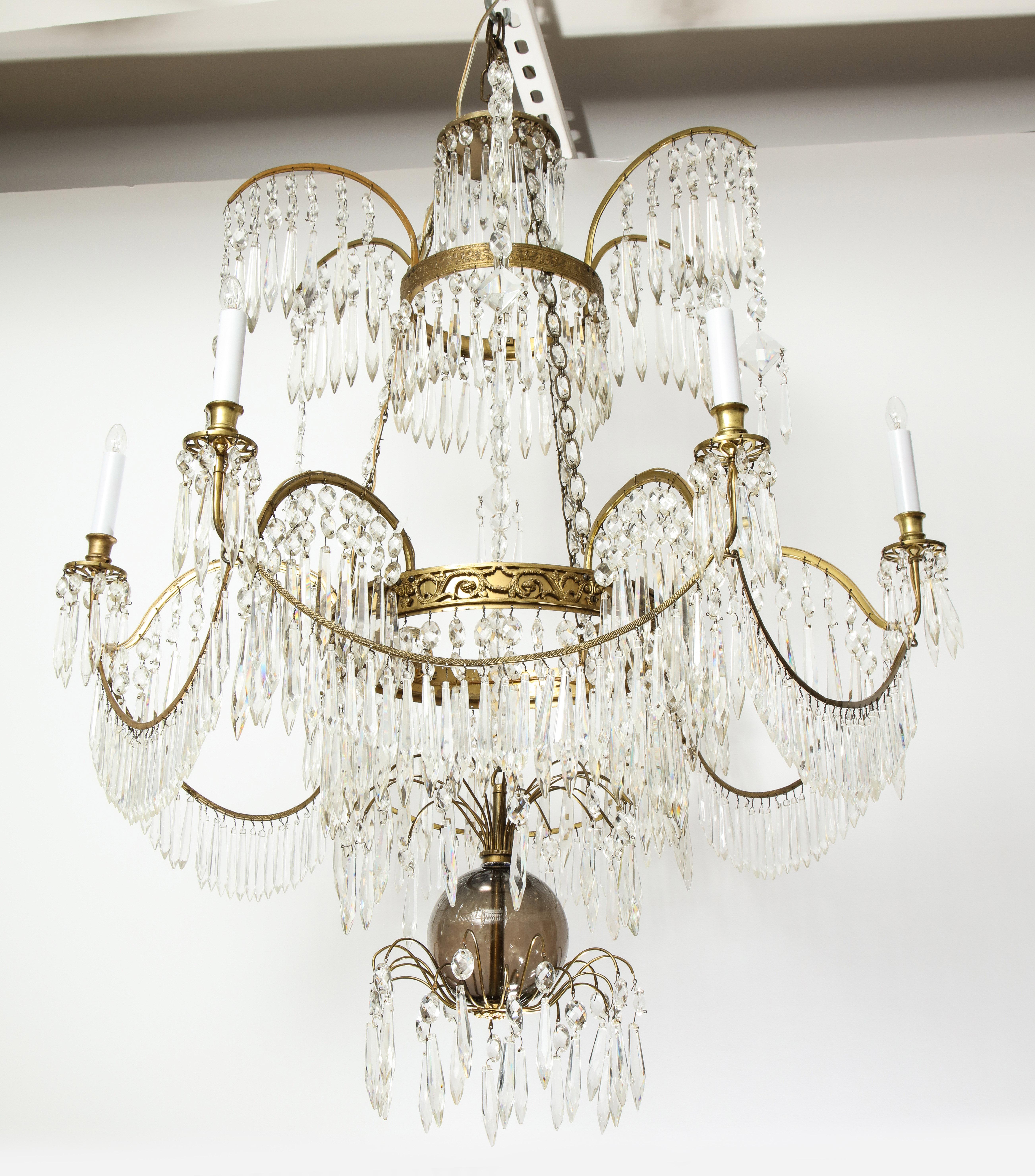 Superb Baltic Ormolu and Crystal Six-Light Chandelier In Good Condition In Lyndhurst, NJ