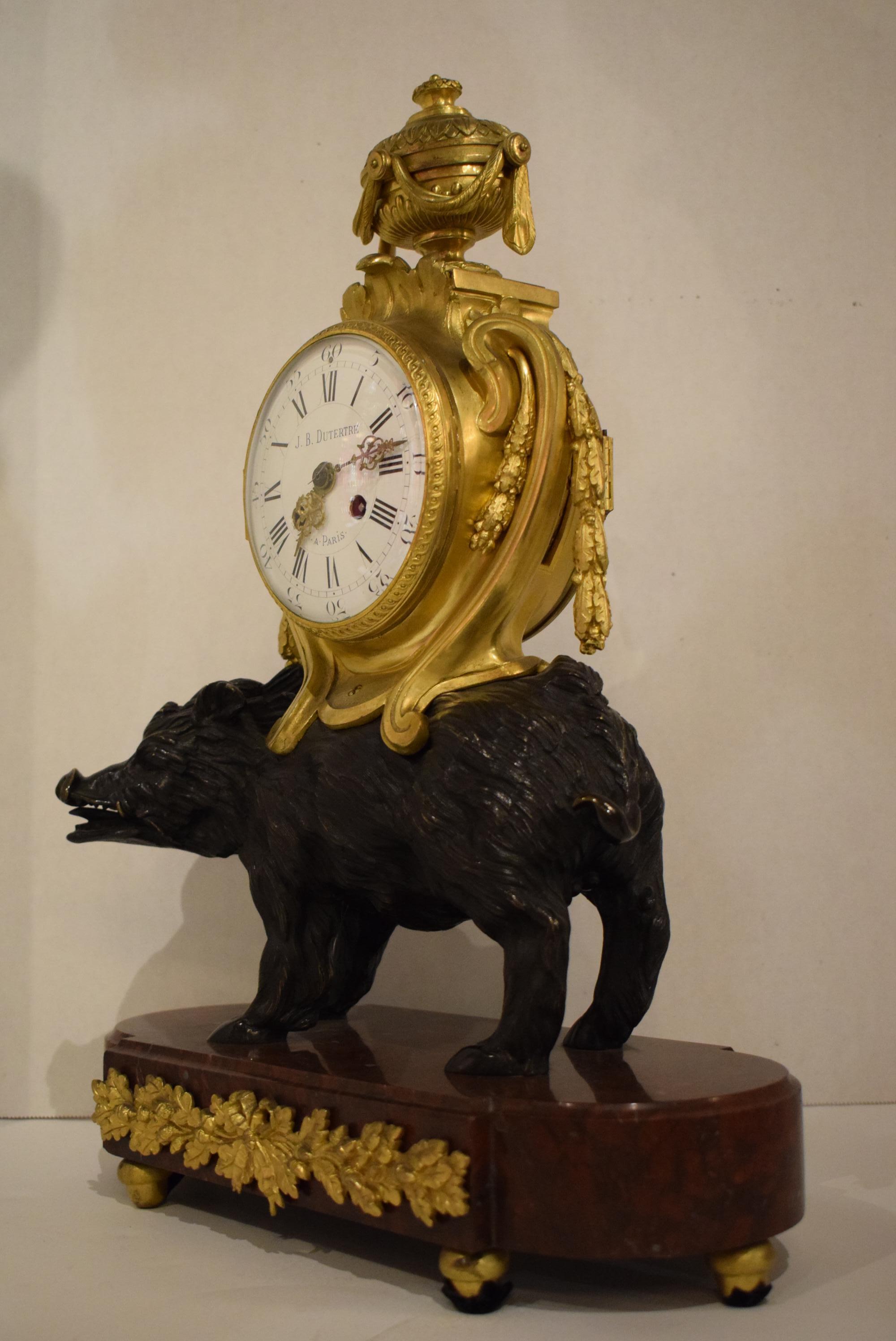 A superb clock in the manner of Le Faucher (clocksmith for Louis XVI) signed J. B. Dutertre. Paris, France, circa 1880.
Dimensions: Height 19