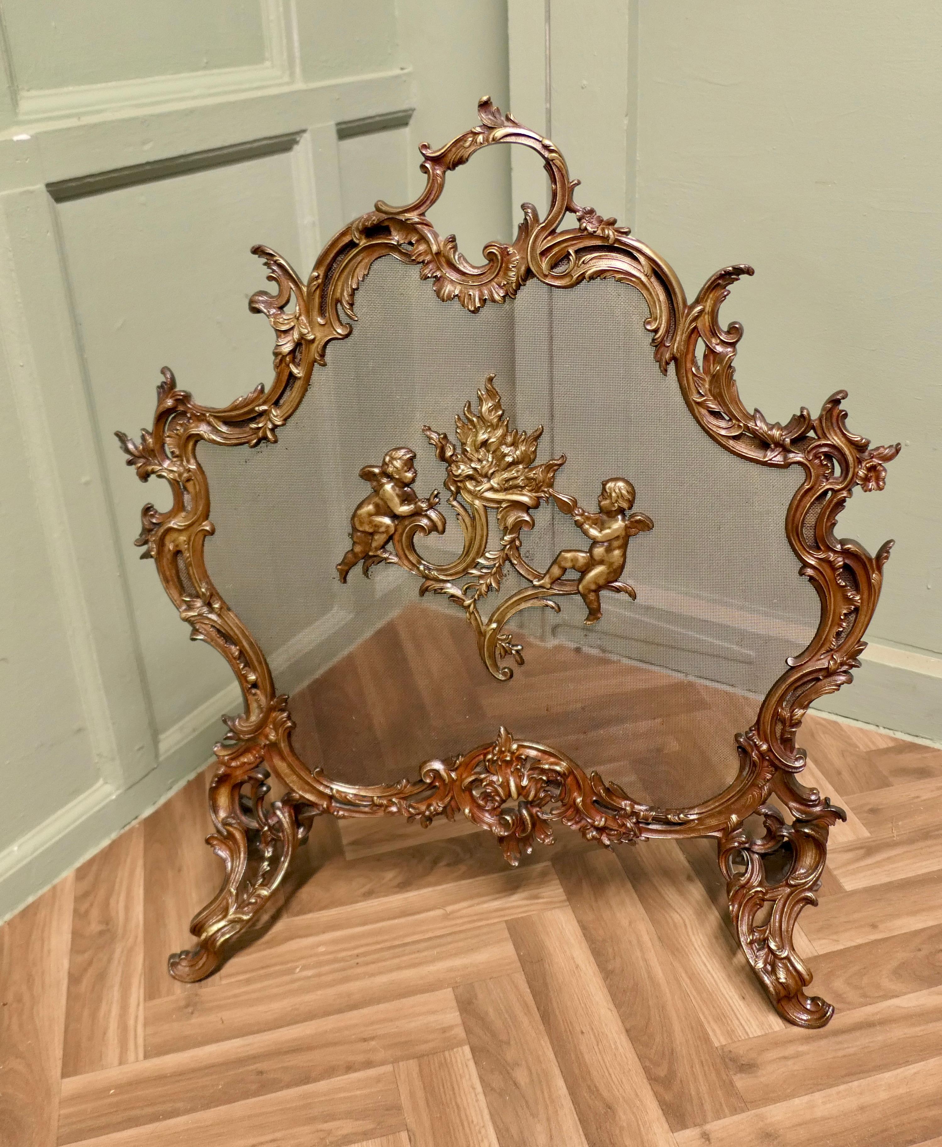 XIX secolo Un superbo parascintille rococò in ottone francese, parafuoco in vendita