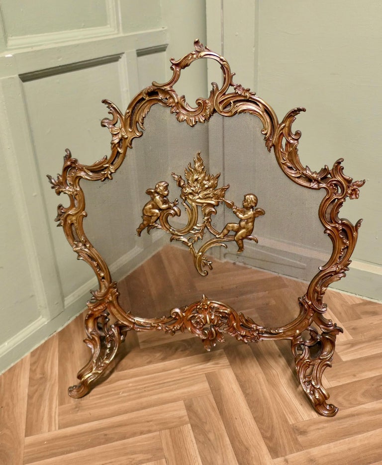 Pare-feu Ou Paravent De Cheminée Ancien Style Rococo En Bronze Doré Avec Chérubins - Occasion