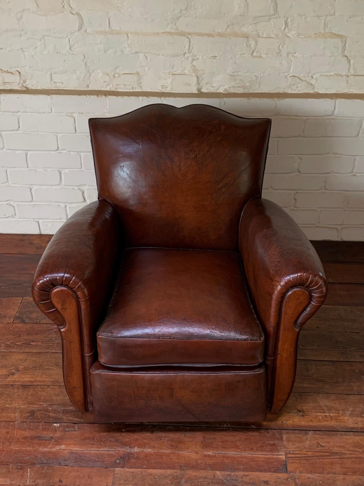 A Superb French, Leather Club Chair, Havana Moustache Model Circa 1950's For Sale 7
