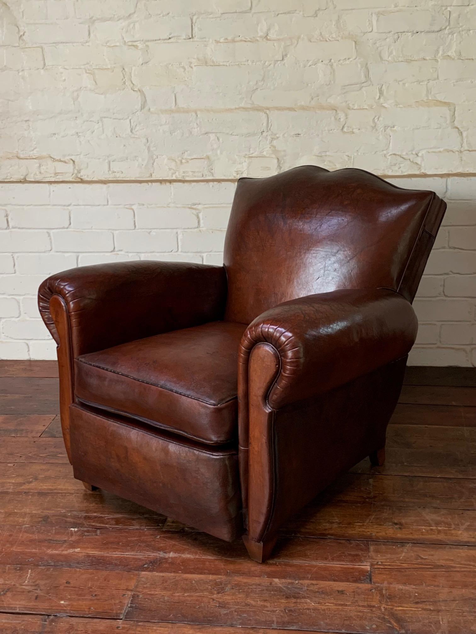 Art Deco A Superb French, Leather Club Chair, Havana Moustache Model Circa 1950's For Sale