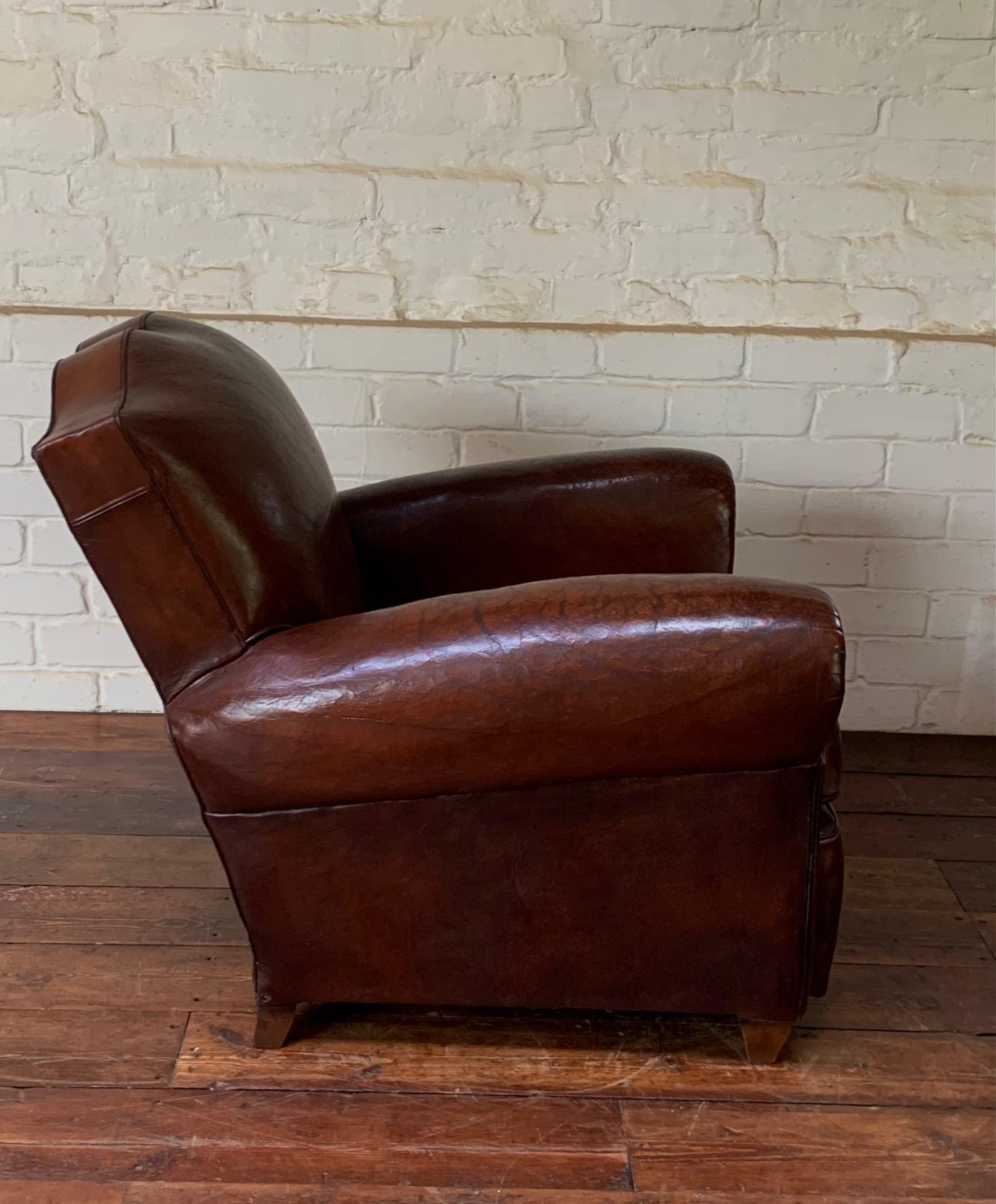 A Superb French, Leather Club Chair, Havana Moustache Model Circa 1950's In Excellent Condition For Sale In Hastings, GB
