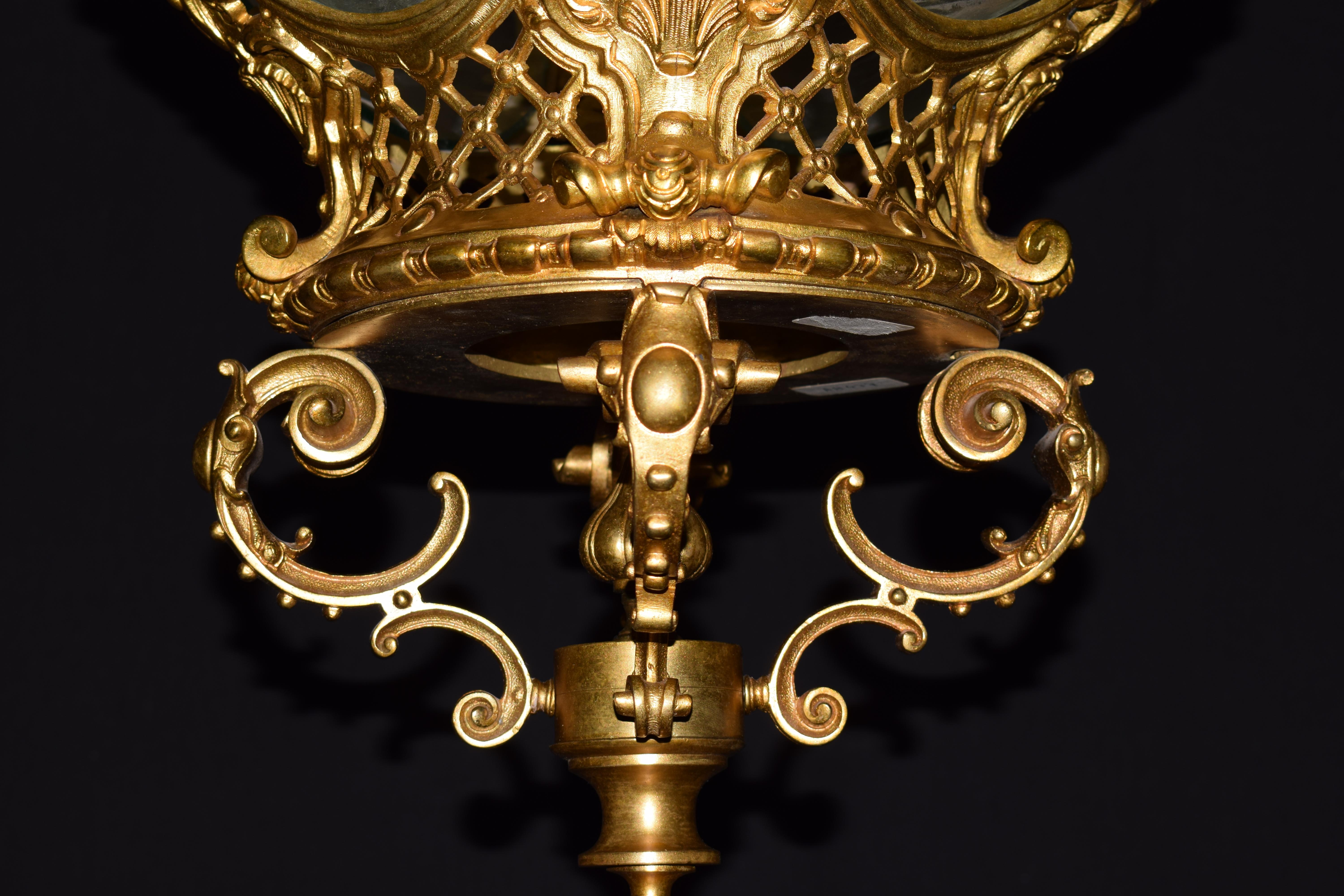 Magnífico Farol de Bronce Dorado y Cristal, Francia, hacia 1900 en venta 10