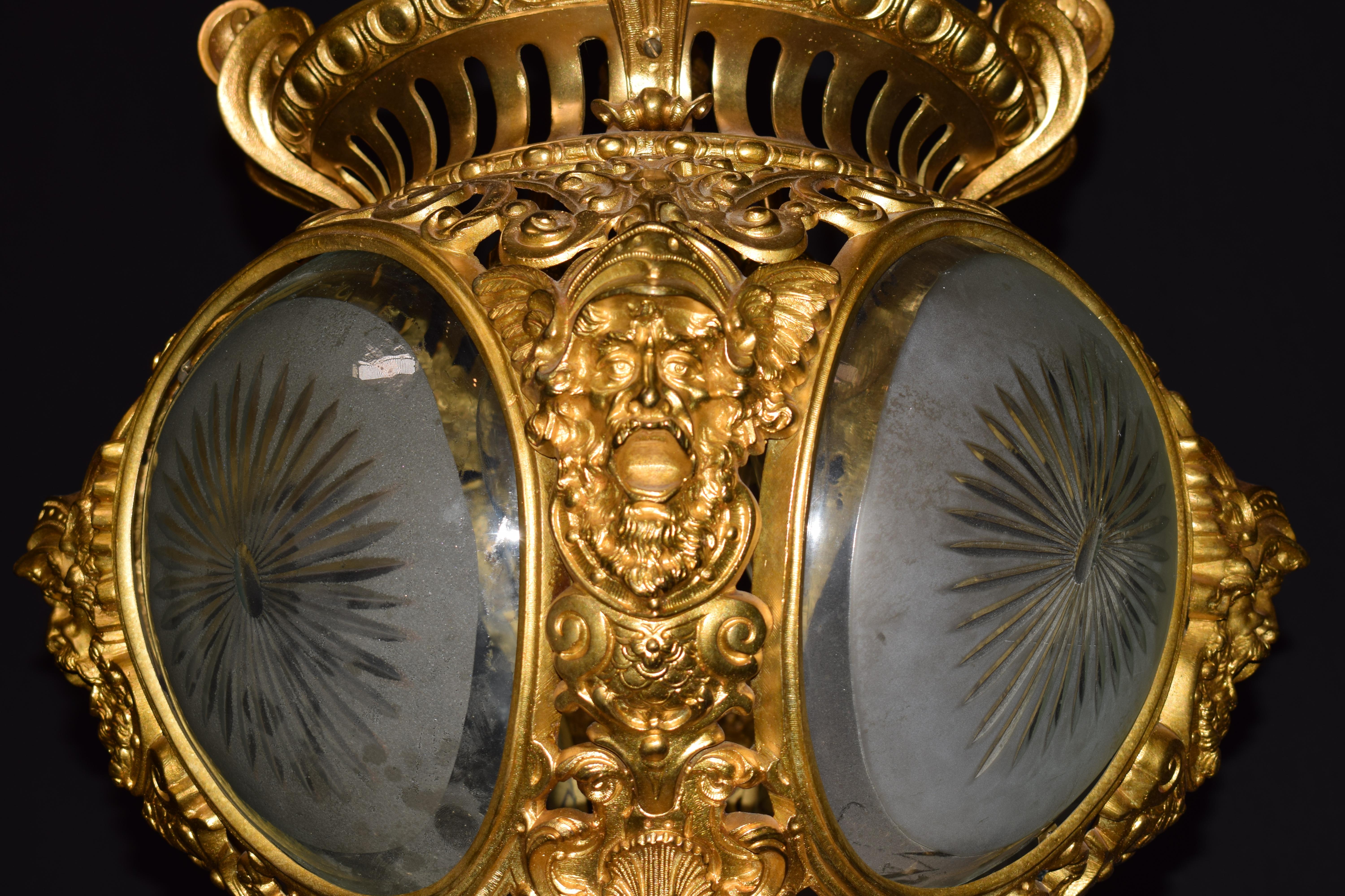 French Superb Gilt Bronze and Crystal Lantern, France, circa 1900 For Sale
