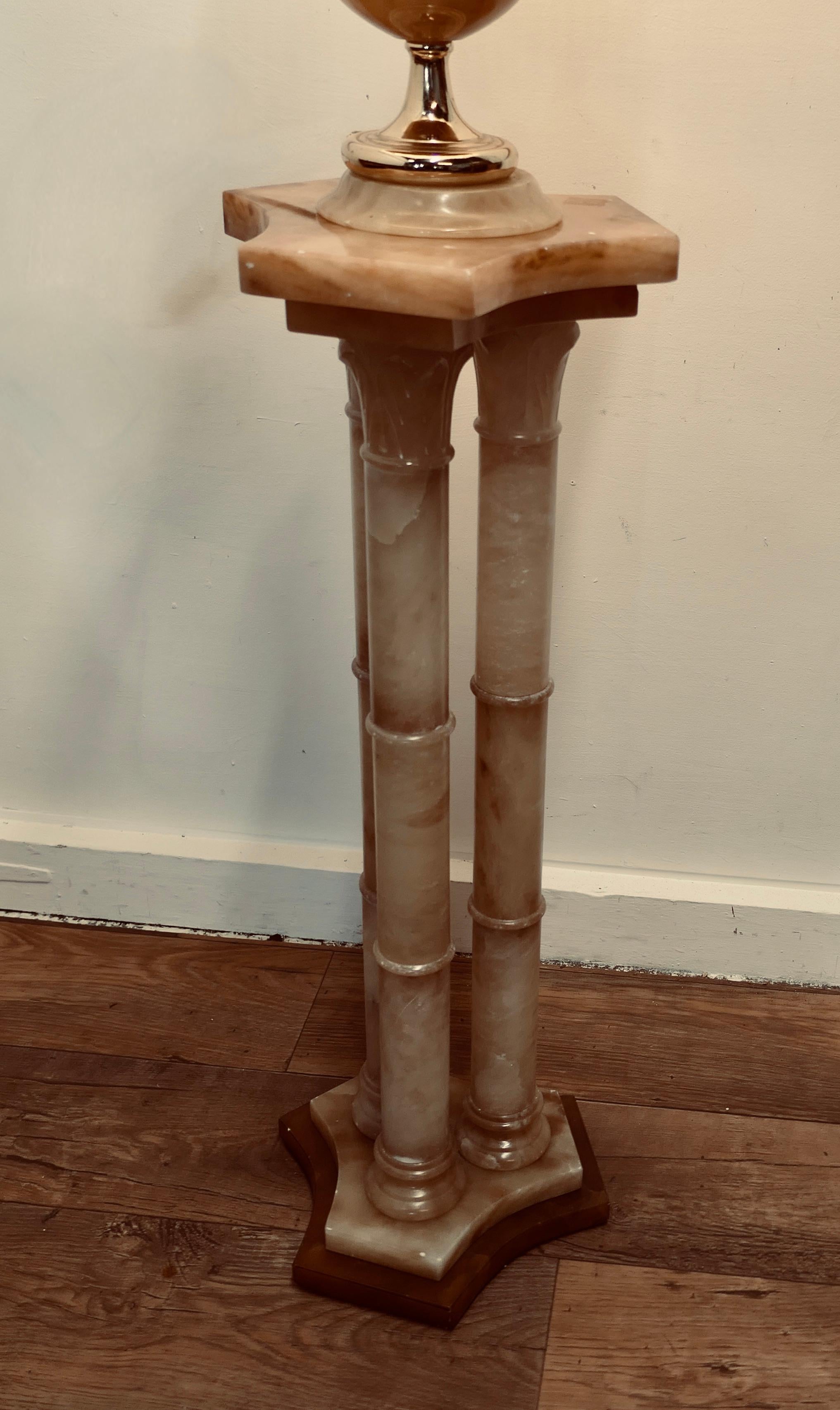 A Superb Italian Marble Column Lamp Set

A superb set in Honey coloured pallet, the column has a triple column upright, the lamp has a baluster shape and the set is topped off with a superb hand made beaded silk shade 
A Truly stunning set, the