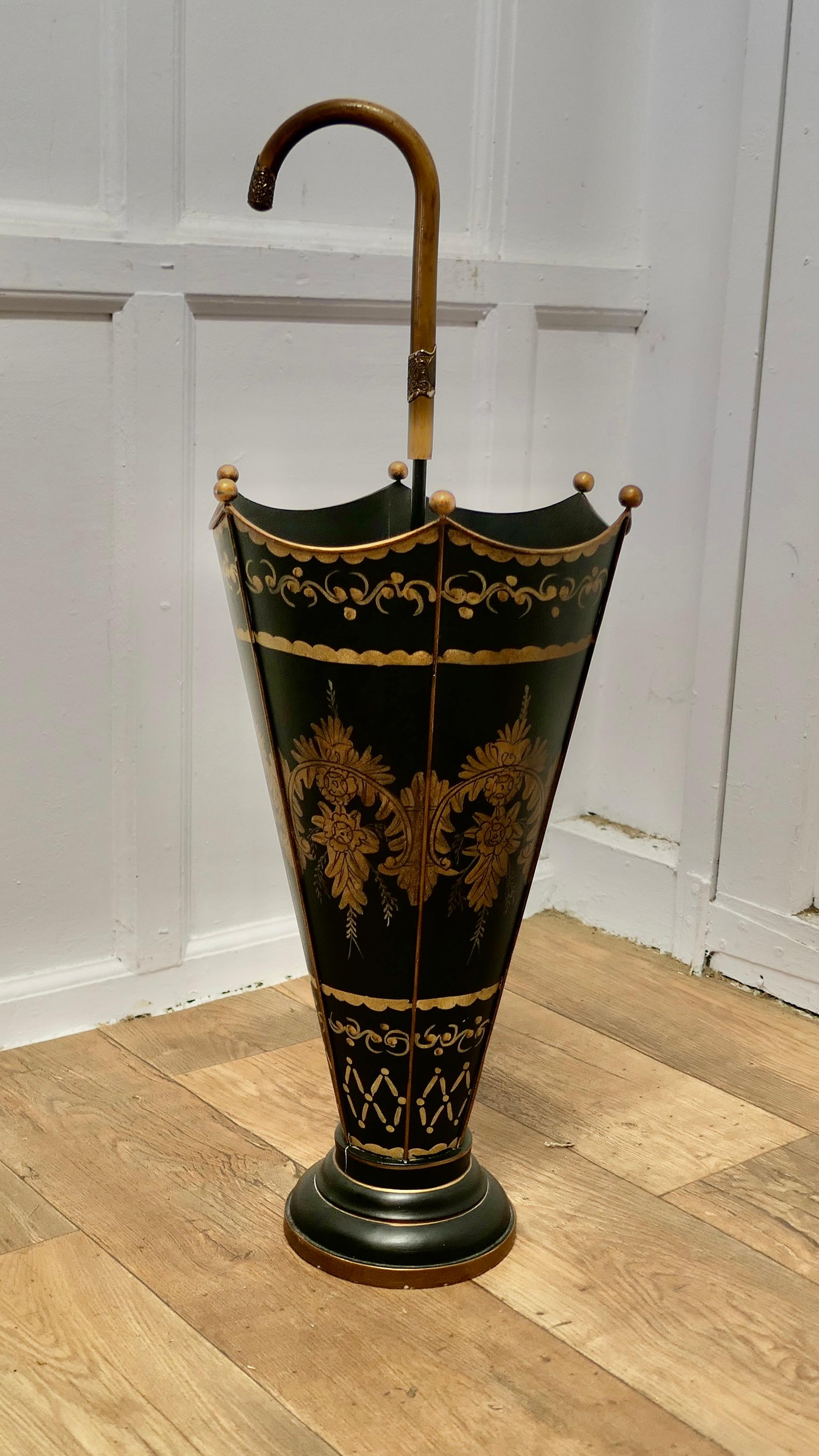 Regency Revival A Superb Italian Toleware Umbrella Stand, Hand Painted Gold on Black    For Sale