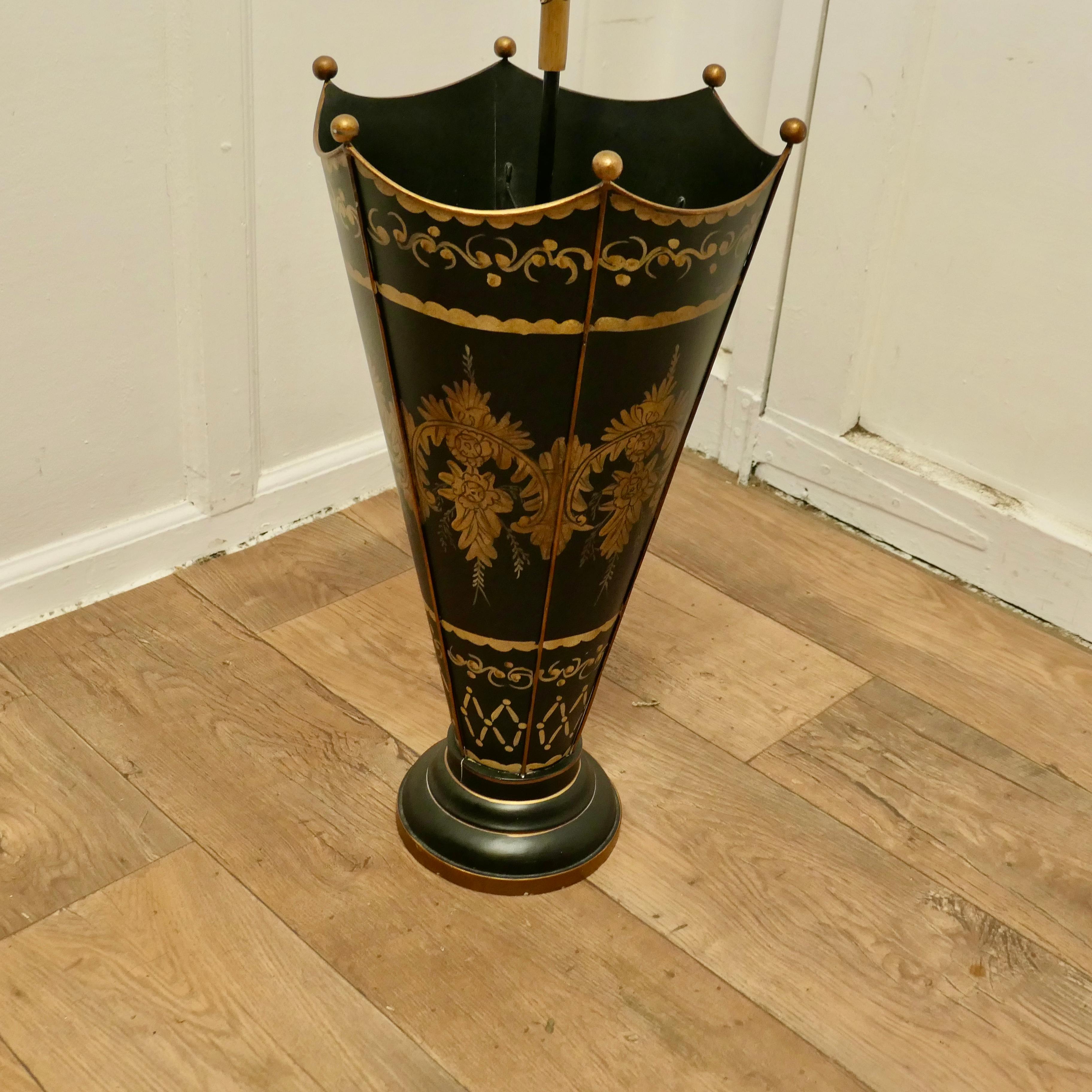 Early 20th Century A Superb Italian Toleware Umbrella Stand, Hand Painted Gold on Black    For Sale