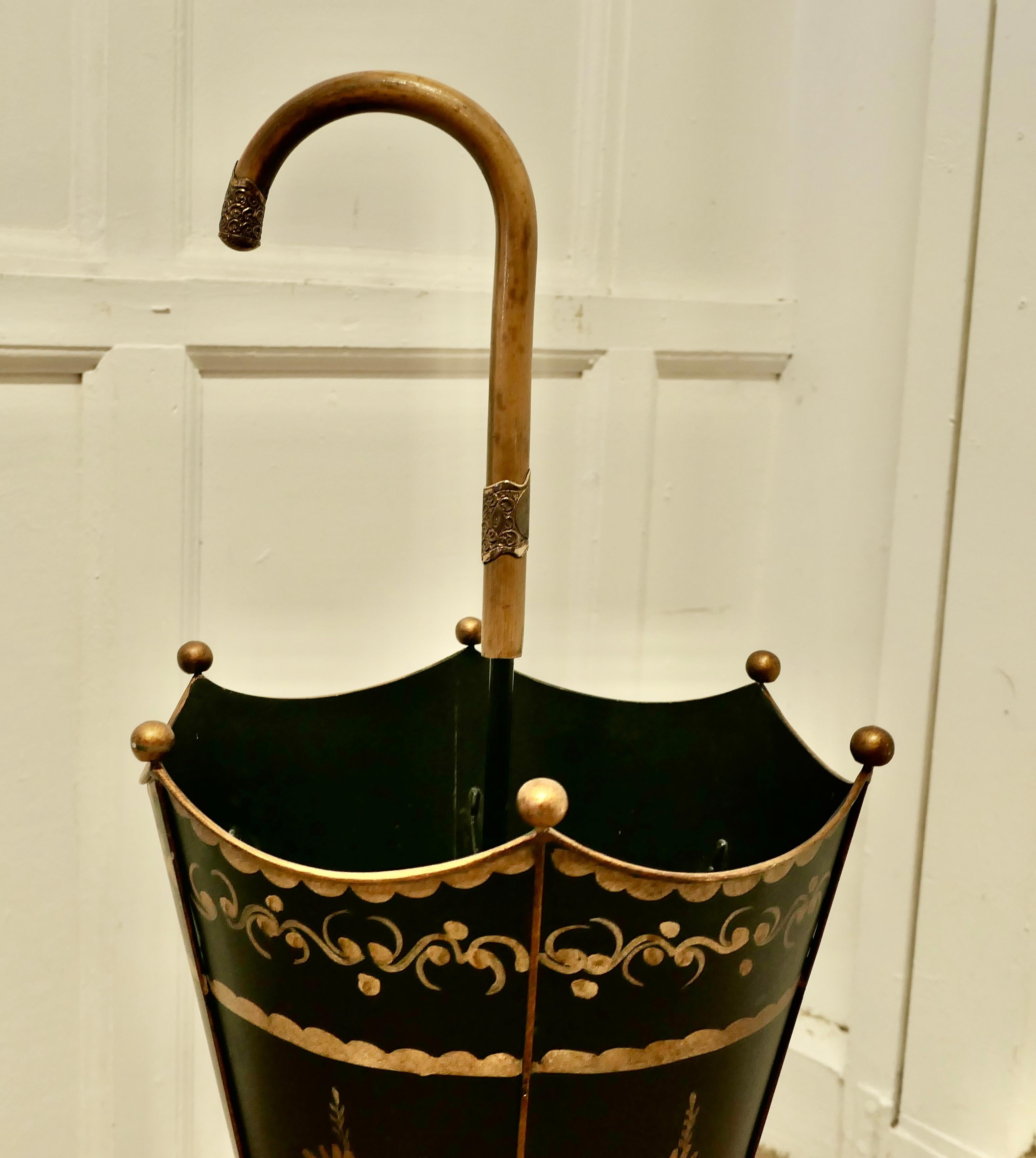 Tin A Superb Italian Toleware Umbrella Stand, Hand Painted Gold on Black    For Sale