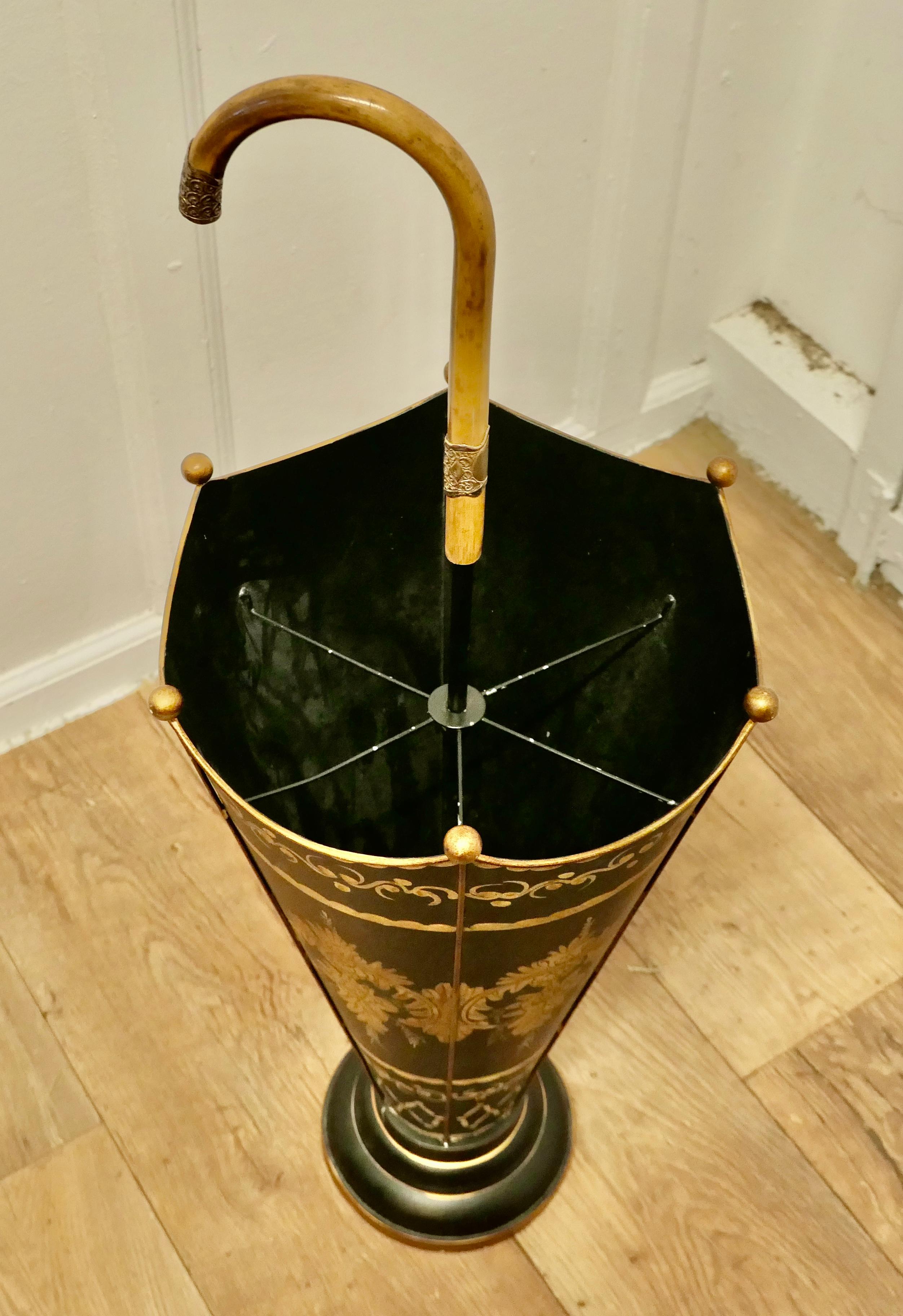 A Superb Italian Toleware Umbrella Stand, Hand Painted Gold on Black    For Sale 1