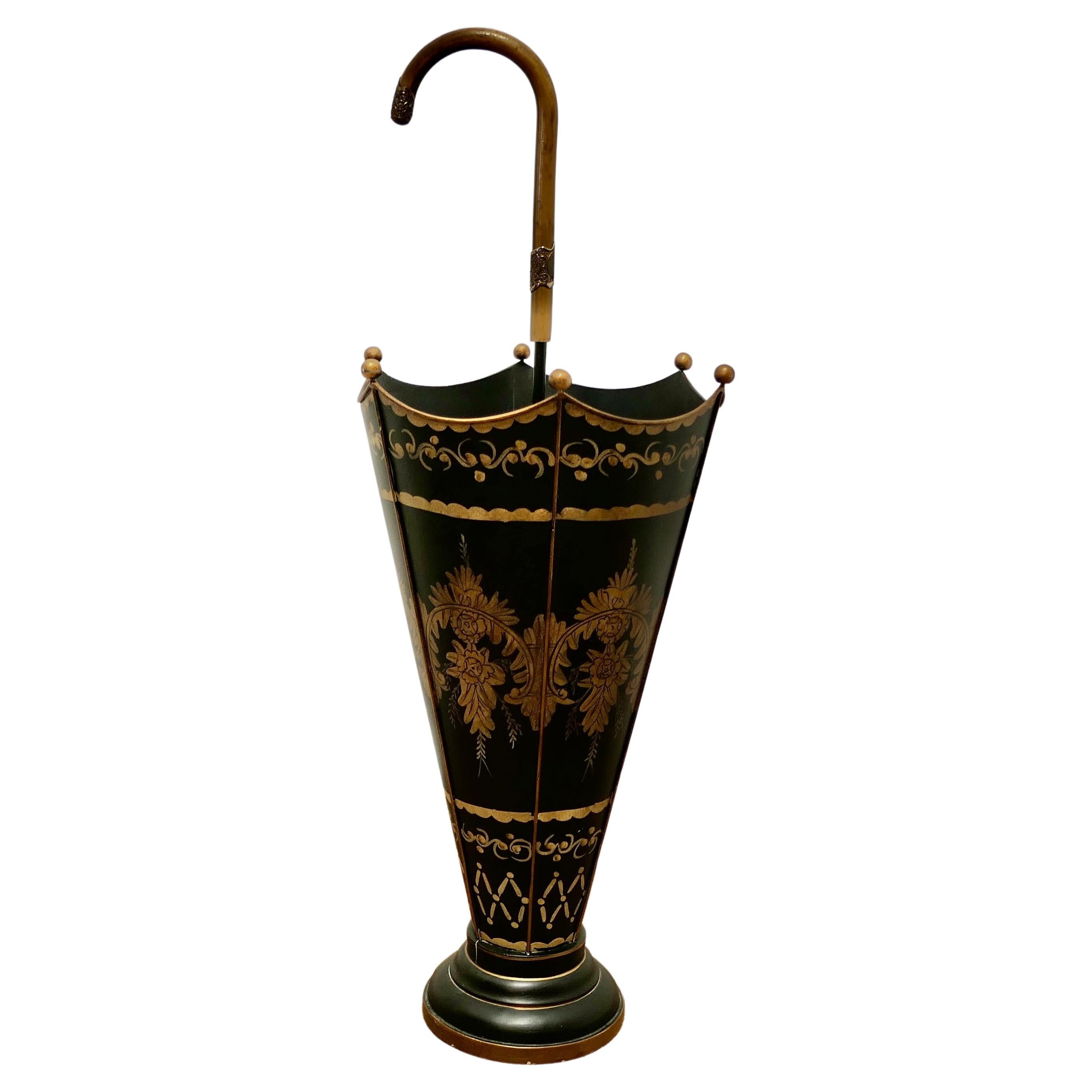 A Superb Italian Toleware Umbrella Stand, Hand Painted Gold on Black   
