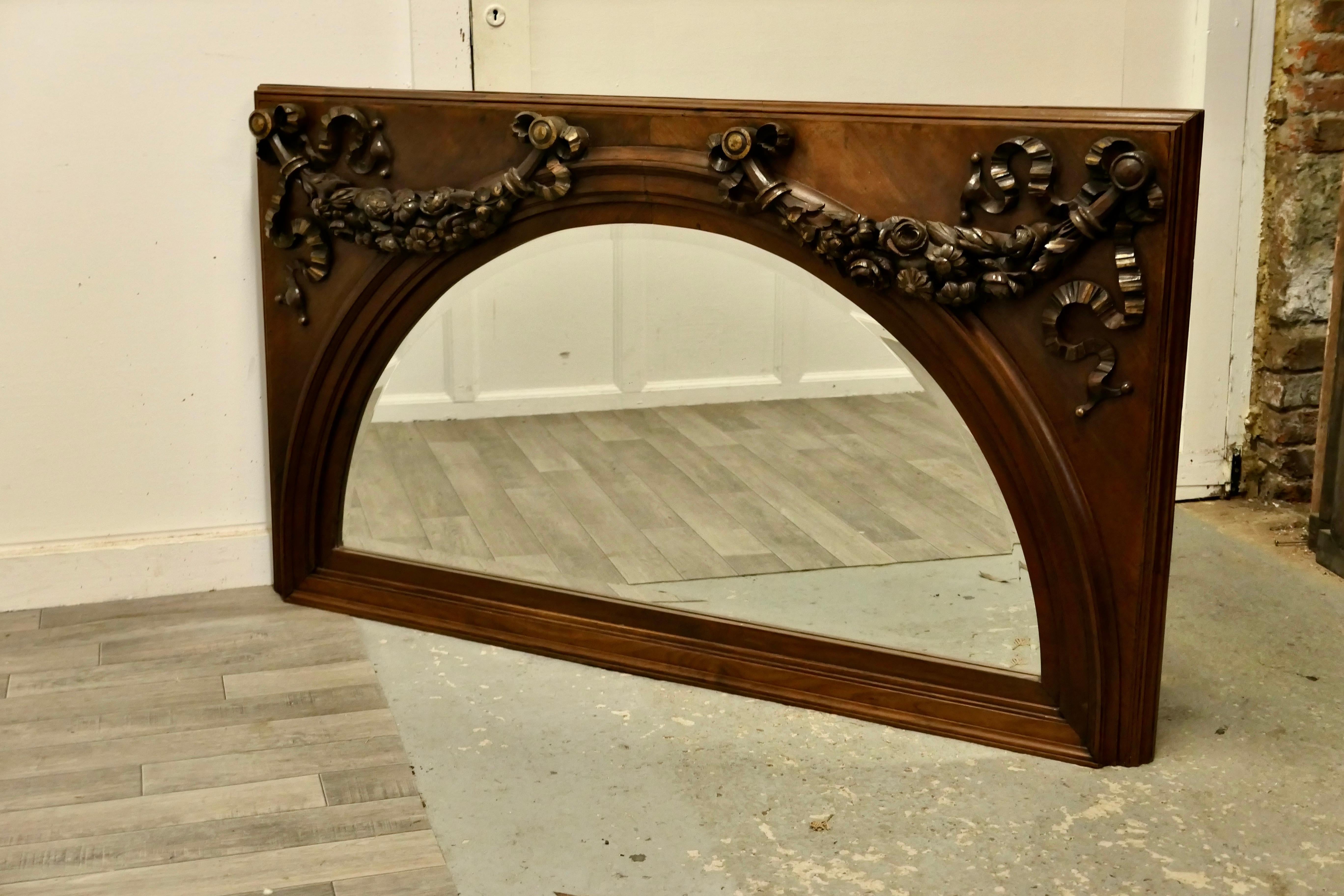 French Provincial Superb Large Carved Walnut Over Mantel Mirror   For Sale
