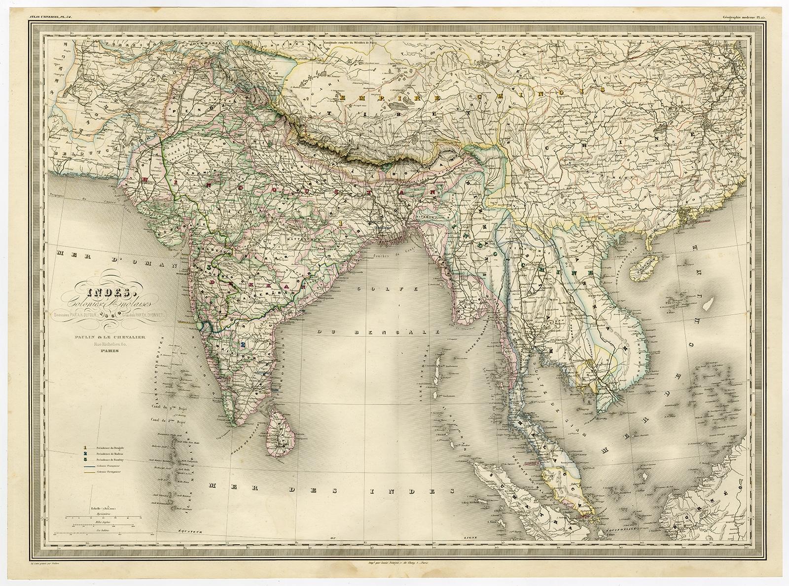 Antique map titled 'Indes, colonies Anglaises.' 

Large map of the East Indies, British Colonies. A superb, large-scale map of British India, the Chinese Empire, Indochina, the Malay Peninsula, and parts of Sumatra and Borneo. This large original