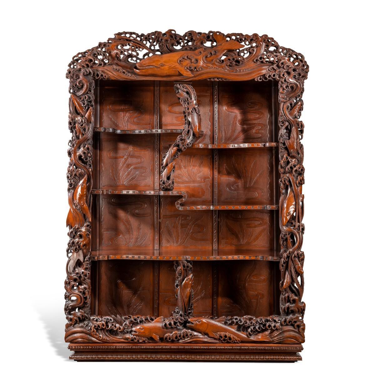 Hardwood Superb Monumental Meiji Period Hard Wood Display Cabinet, by Noguchi of Yokaha For Sale