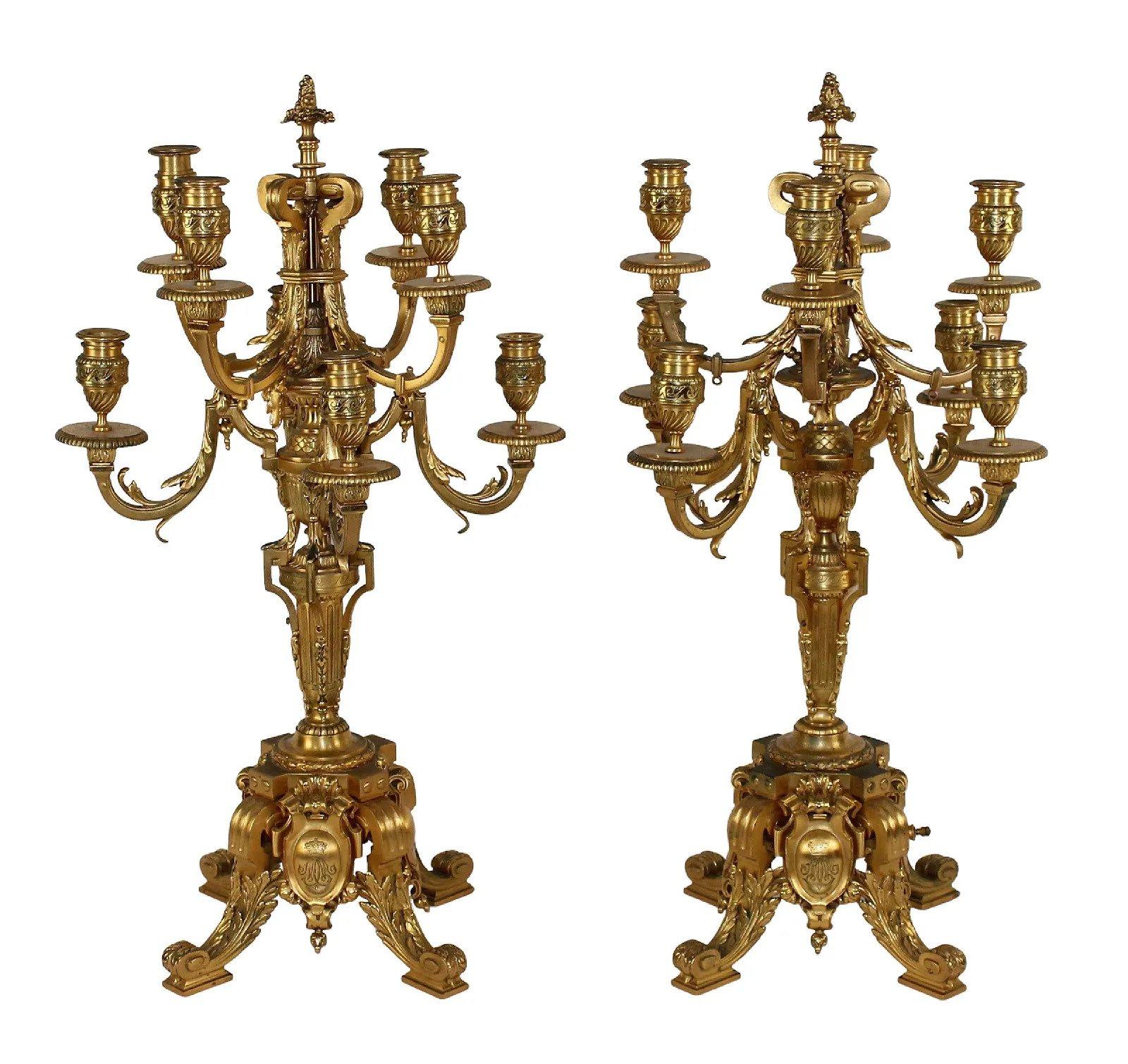 A superb pair of French Barbedienne 8 arm gilt bronze candelabra. Marked on the base F, Barbedienne. Late 19th century. Measures: Overall height 27