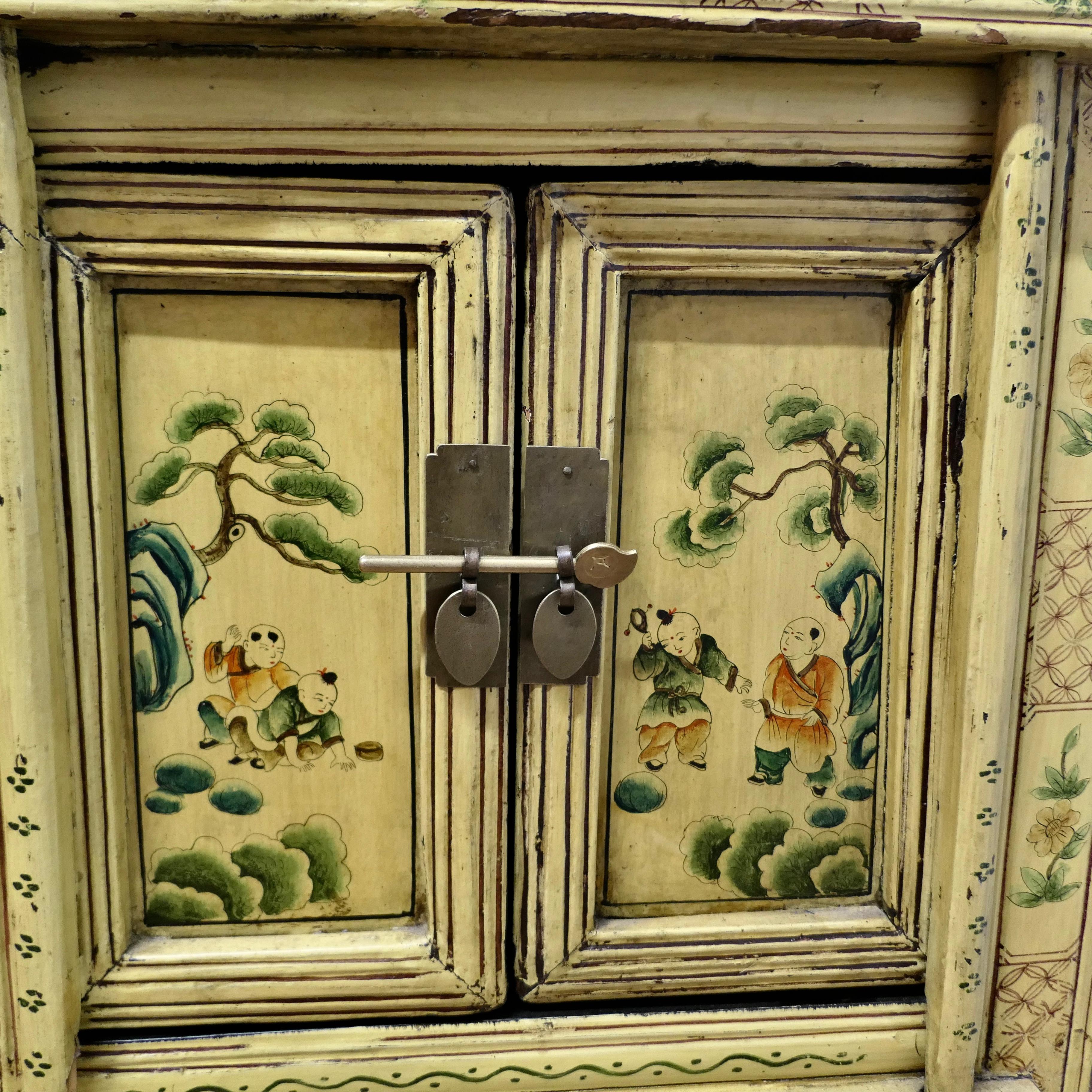A Superb Pair of Cream Lacquered Chinoiserie Decorated Cabinets.     For Sale 9