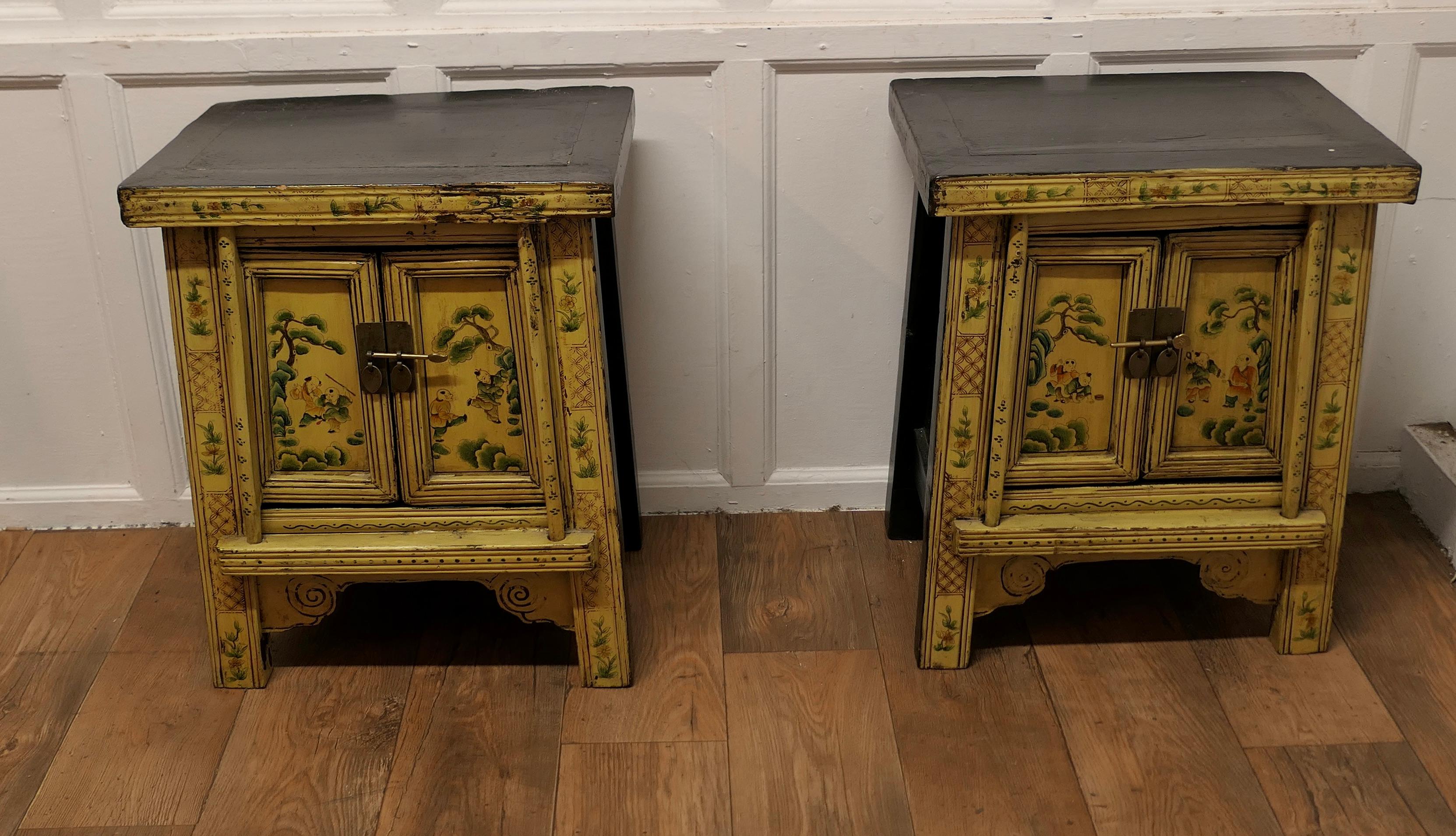 A Superb Pair of Cream Lacquered Chinoiserie Decorated Cabinets.     For Sale 4
