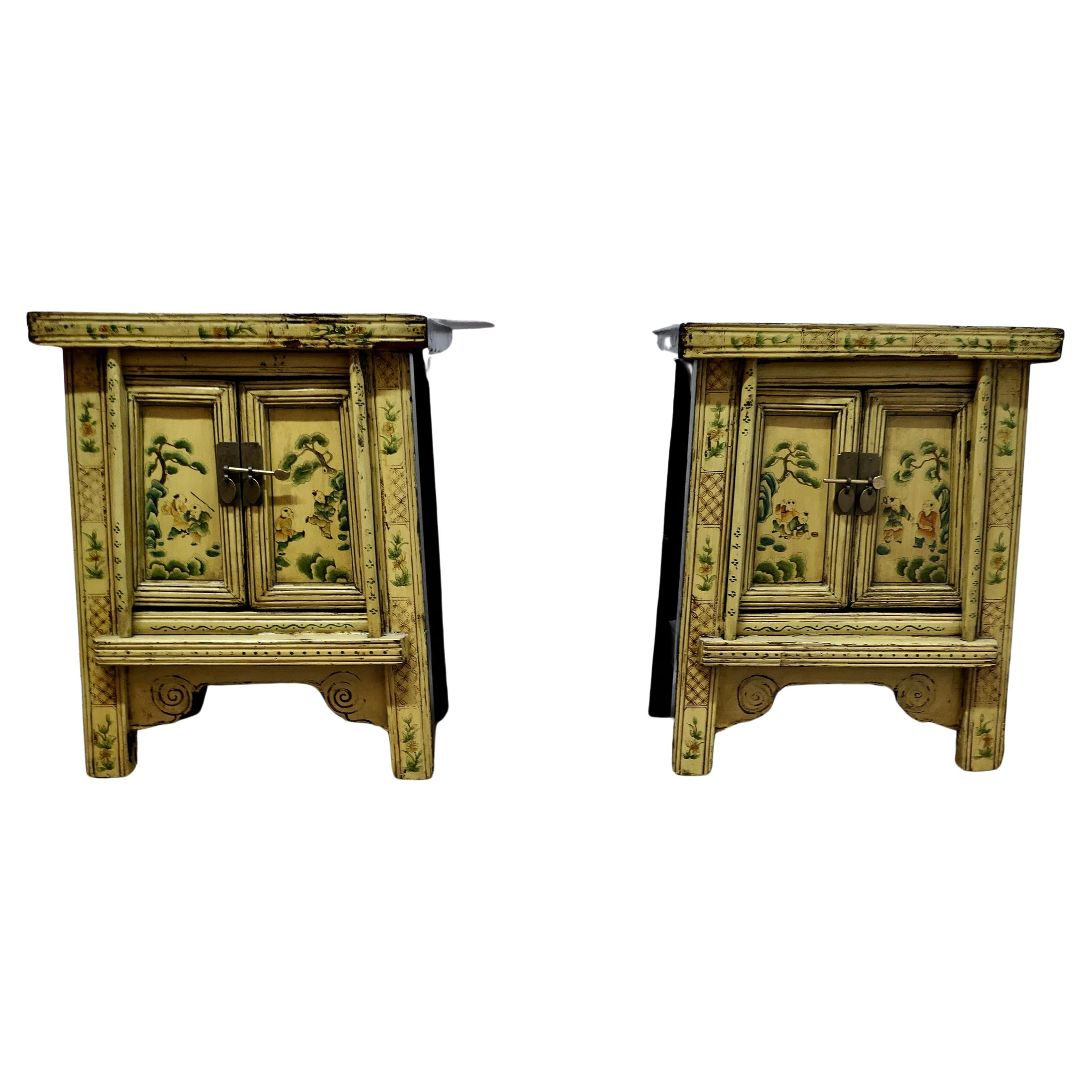 A Superb Pair of Cream Lacquered Chinoiserie Decorated Cabinets.     For Sale