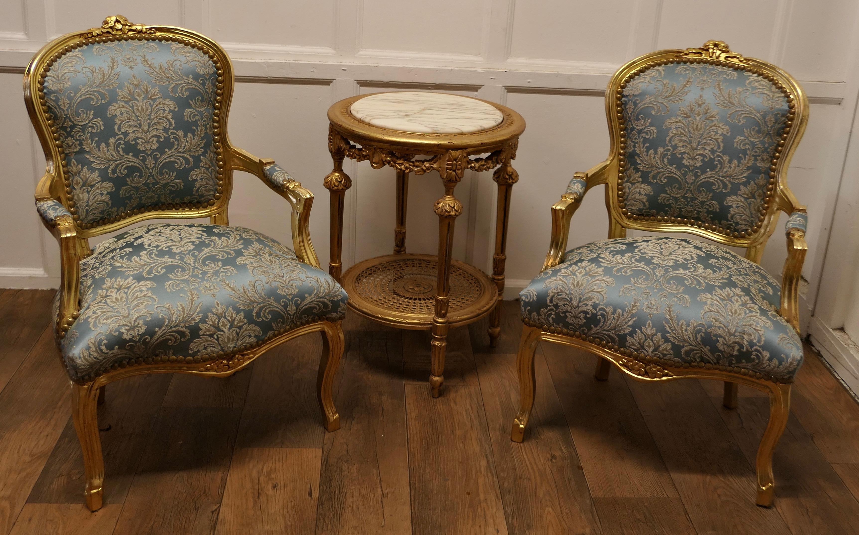 A Superb Pair of French 19th Century Gilt Salon Chairs

These Elegant Chairs have been re finished and upholstered in pale blue Silk Damask, they have a serpentine shaped front and carved detail to the show wood 
A beautiful pair newly brought from